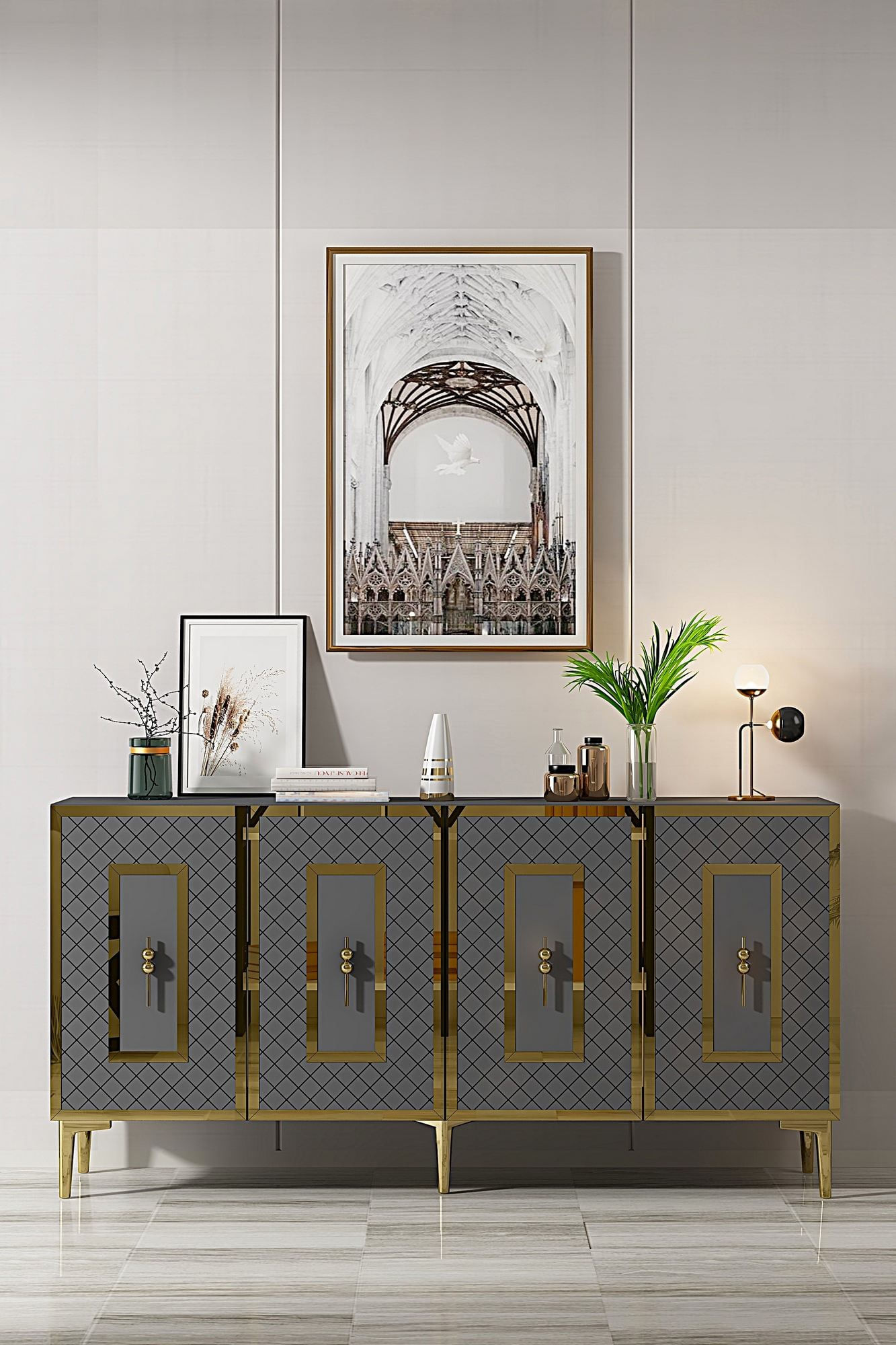 Consola Puma 150, 150 x 75 x 32 cm, antracit auriu, PAL melaminat, spatiu de depozitare, fixare pe perete, antracit / gold — imaginea 2