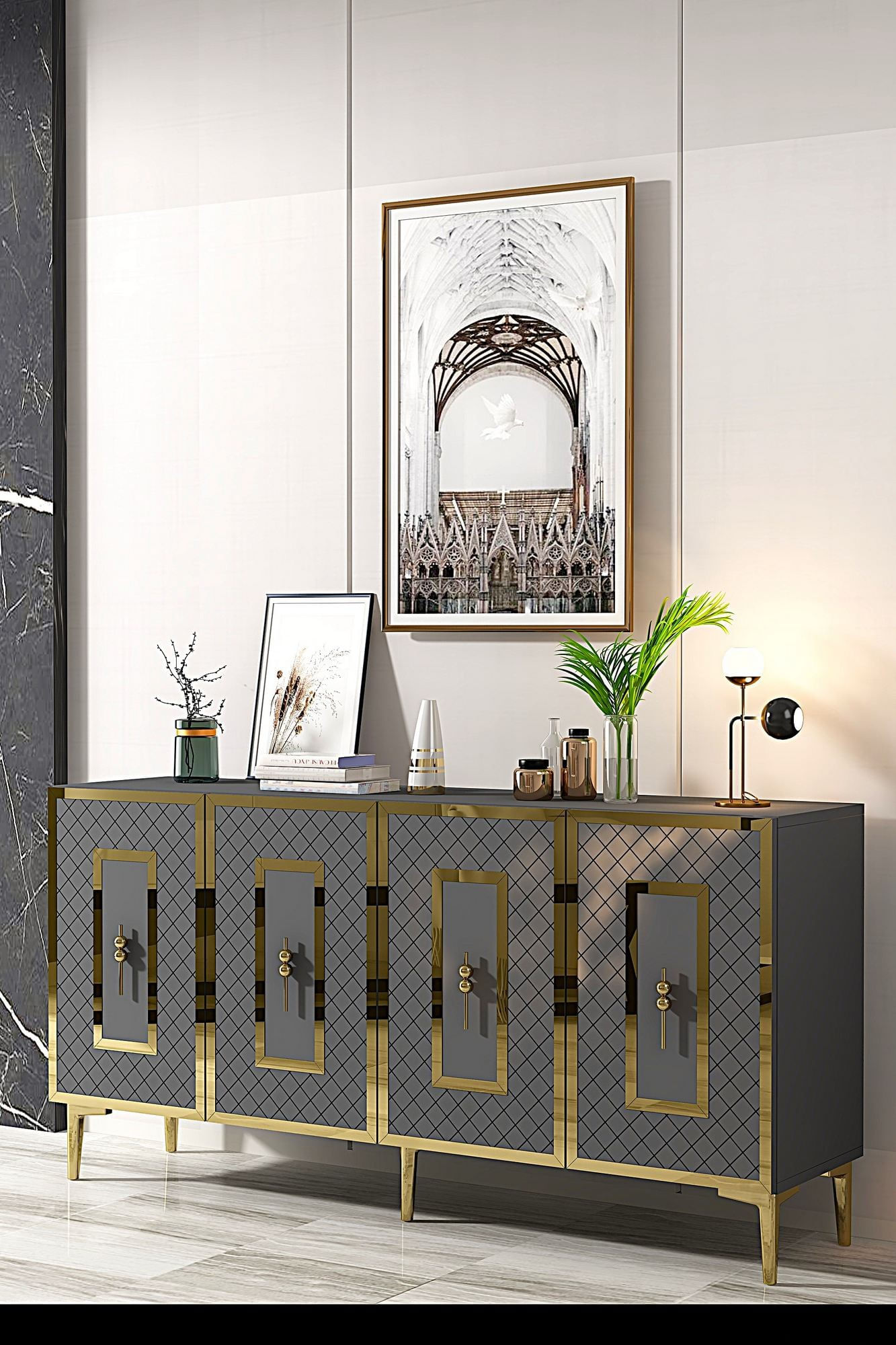 Consola Puma 150, 150 x 75 x 32 cm, antracit auriu, PAL melaminat, spatiu de depozitare, fixare pe perete, antracit / gold — imaginea 3