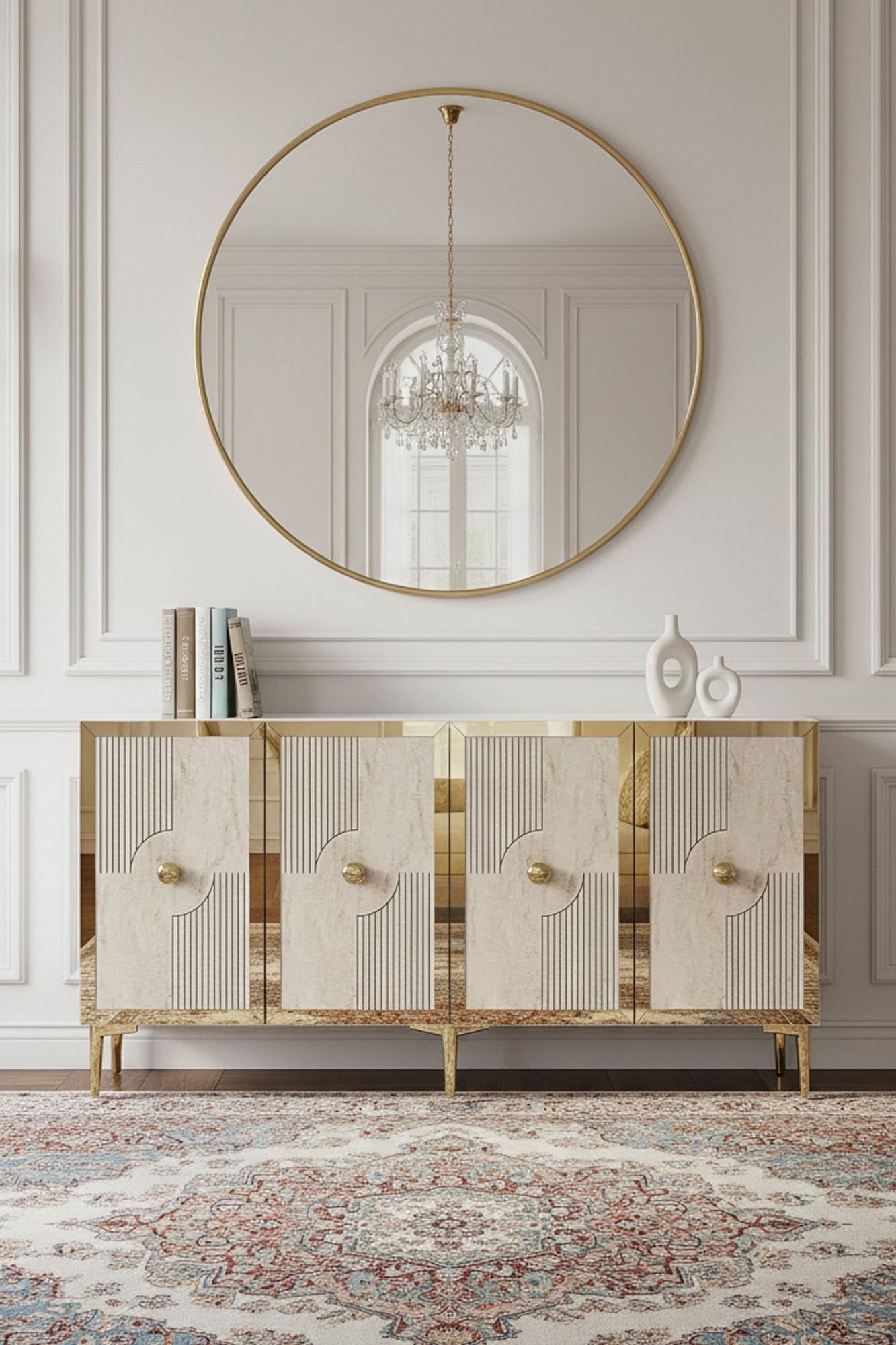 Consola Pega 150, 125 x 75 x 32 cm, alb travertin auriu, PAL melaminat, oglinda inclusa, alb / travertin / gold — imaginea 2