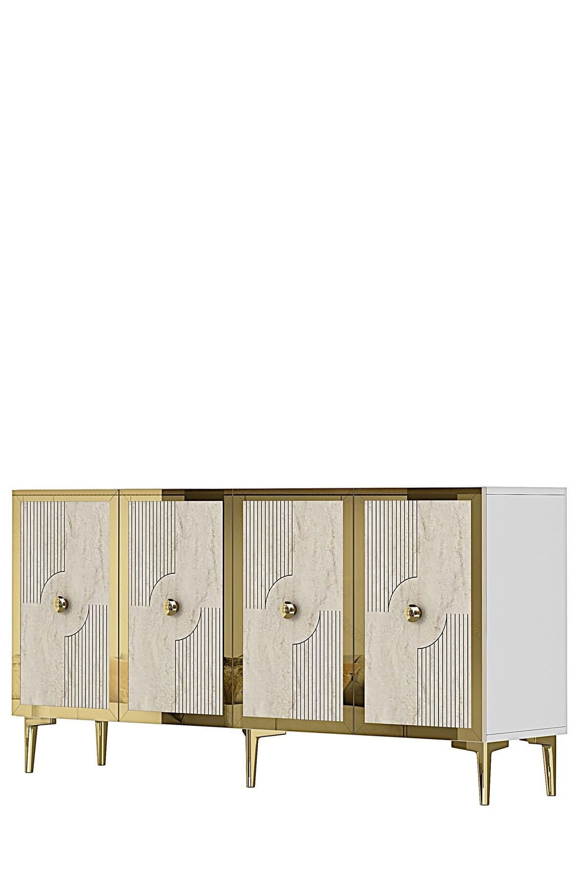 Consola Pega 150, 125 x 75 x 32 cm, alb travertin auriu, PAL melaminat, oglinda inclusa, alb / travertin / gold — imaginea 3