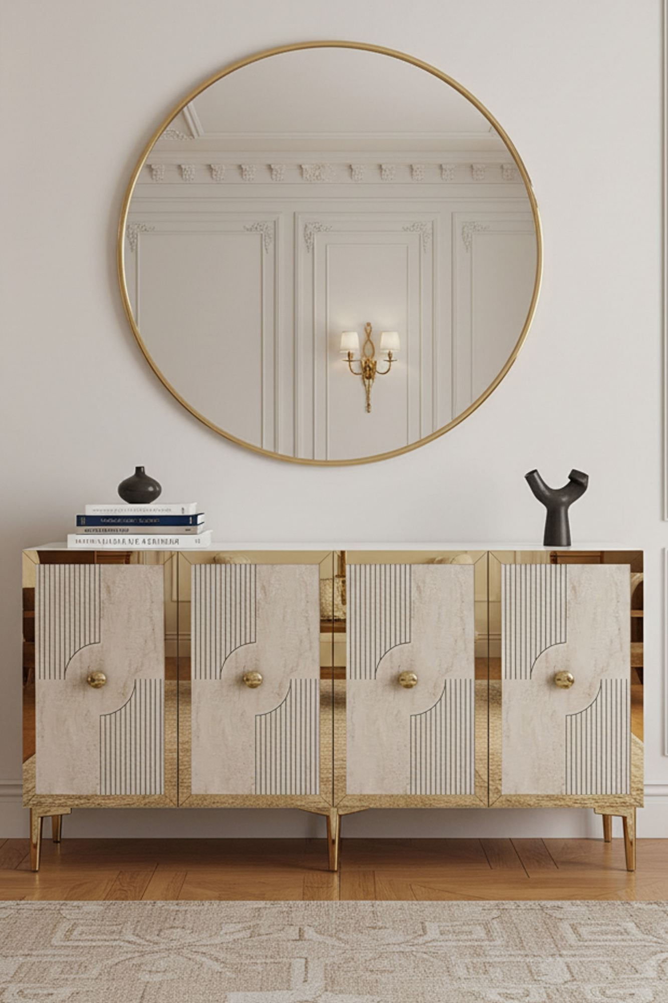 Consola Pega 150, 125 x 75 x 32 cm, alb travertin auriu, PAL melaminat, oglinda inclusa, alb / travertin / gold — imaginea 4