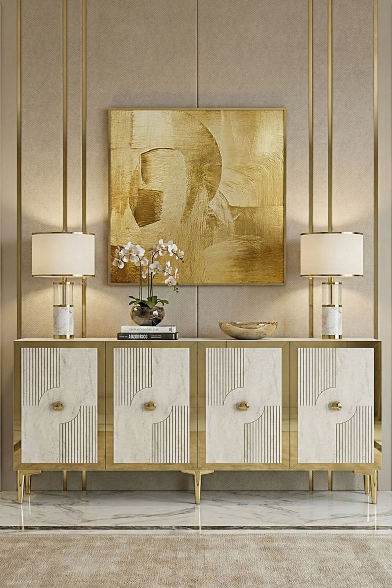 Consola Pega 150, 125 x 75 x 32 cm, alb travertin auriu, PAL melaminat, oglinda inclusa, alb / travertin / gold — imaginea 5