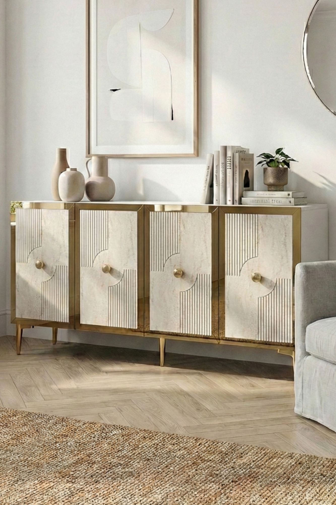 Consola Pega 150, 125 x 75 x 32 cm, alb travertin auriu, PAL melaminat, oglinda inclusa, alb / travertin / gold — imaginea 8