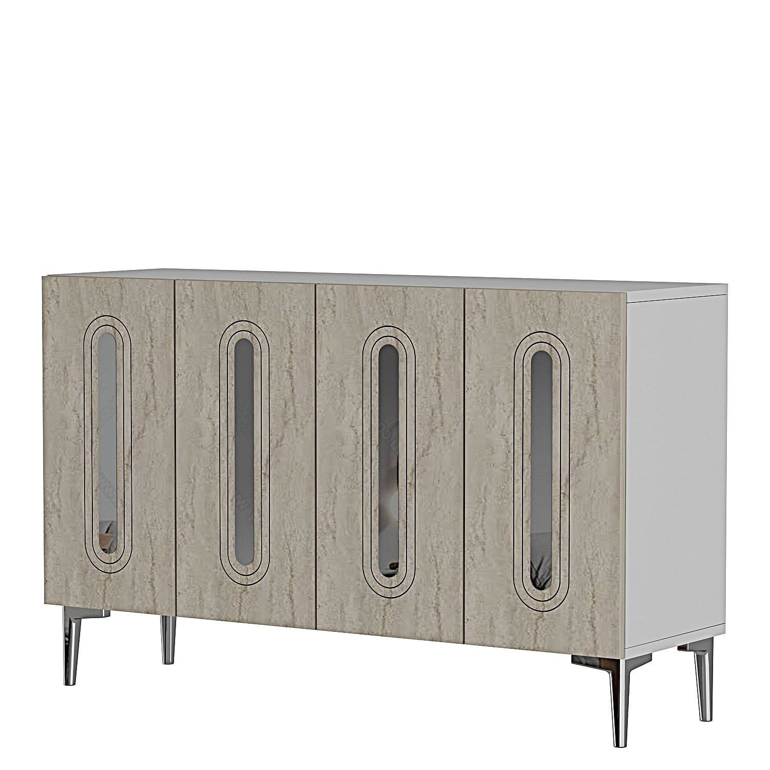 Consola Rany 120, 120 x 75 x 32 cm, alb travertin argintiu, PAL melaminat, spatiu de depozitare, fixare pe perete, alb / travertin / silver