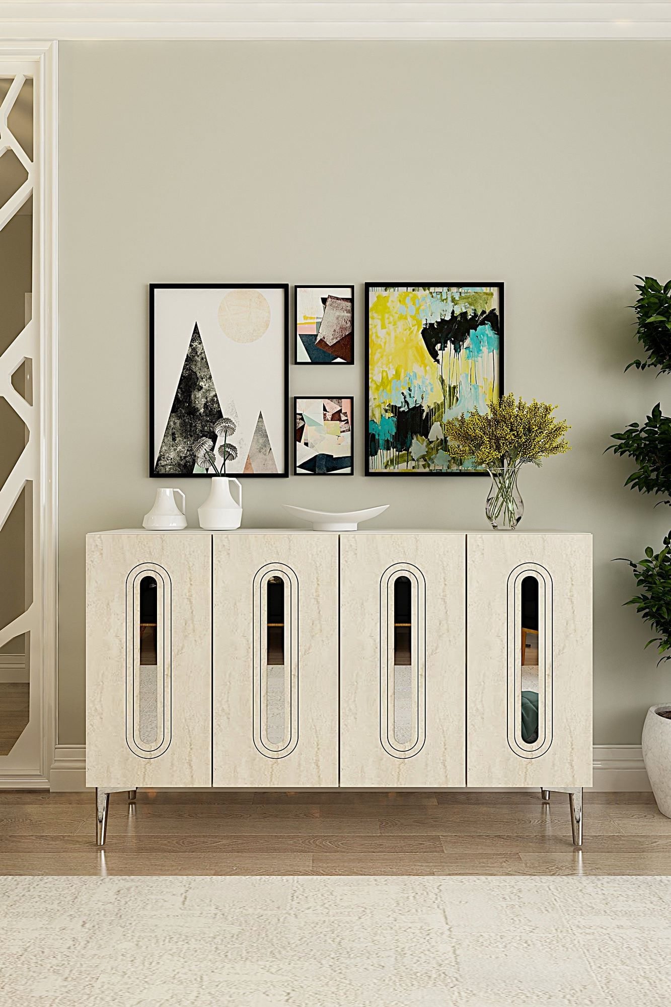 Consola Rany 120, 120 x 75 x 32 cm, alb travertin argintiu, PAL melaminat, spatiu de depozitare, fixare pe perete, alb / travertin / silver — imaginea 5