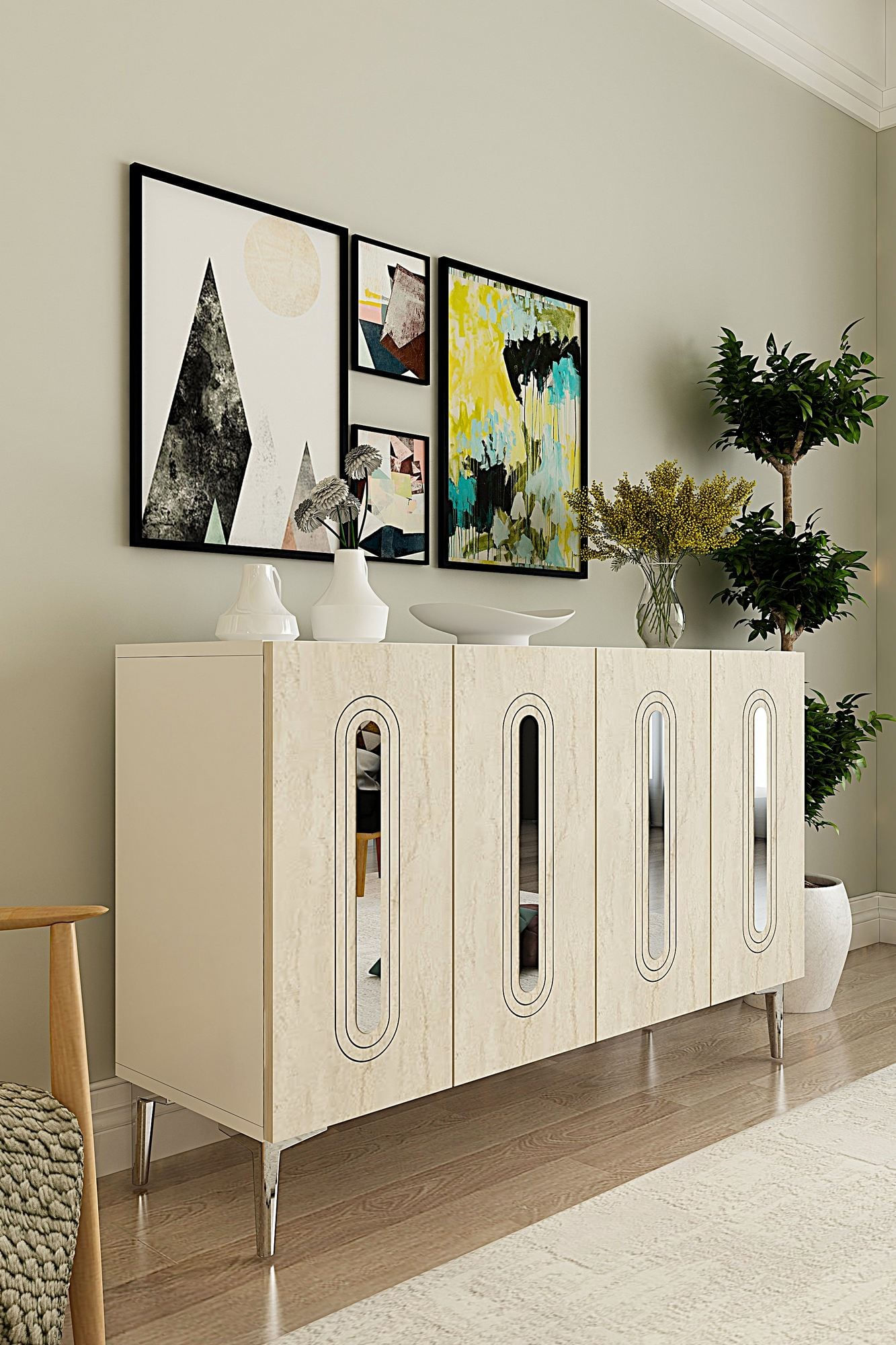 Consola Rany 120, 120 x 75 x 32 cm, alb travertin argintiu, PAL melaminat, spatiu de depozitare, fixare pe perete, alb / travertin / silver — imaginea 6