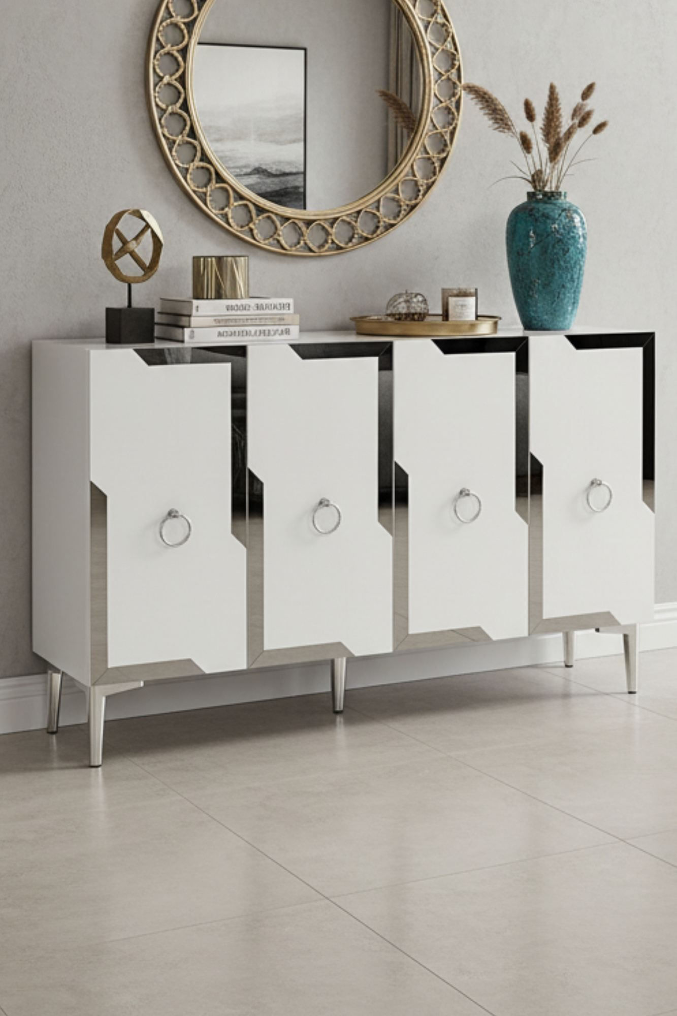Consola Seza 120, 120 x 75 x 32 cm, alb argintiu, PAL melaminat, oglinda inclusa, alb / silver — imaginea 3
