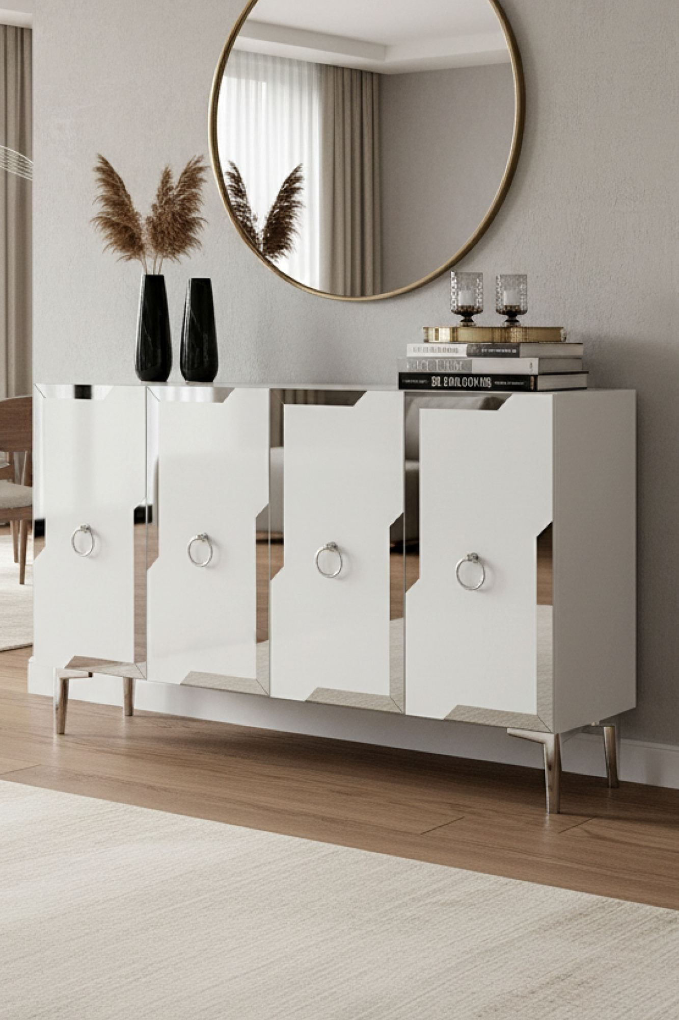 Consola Seza 120, 120 x 75 x 32 cm, alb argintiu, PAL melaminat, oglinda inclusa, alb / silver — imaginea 6
