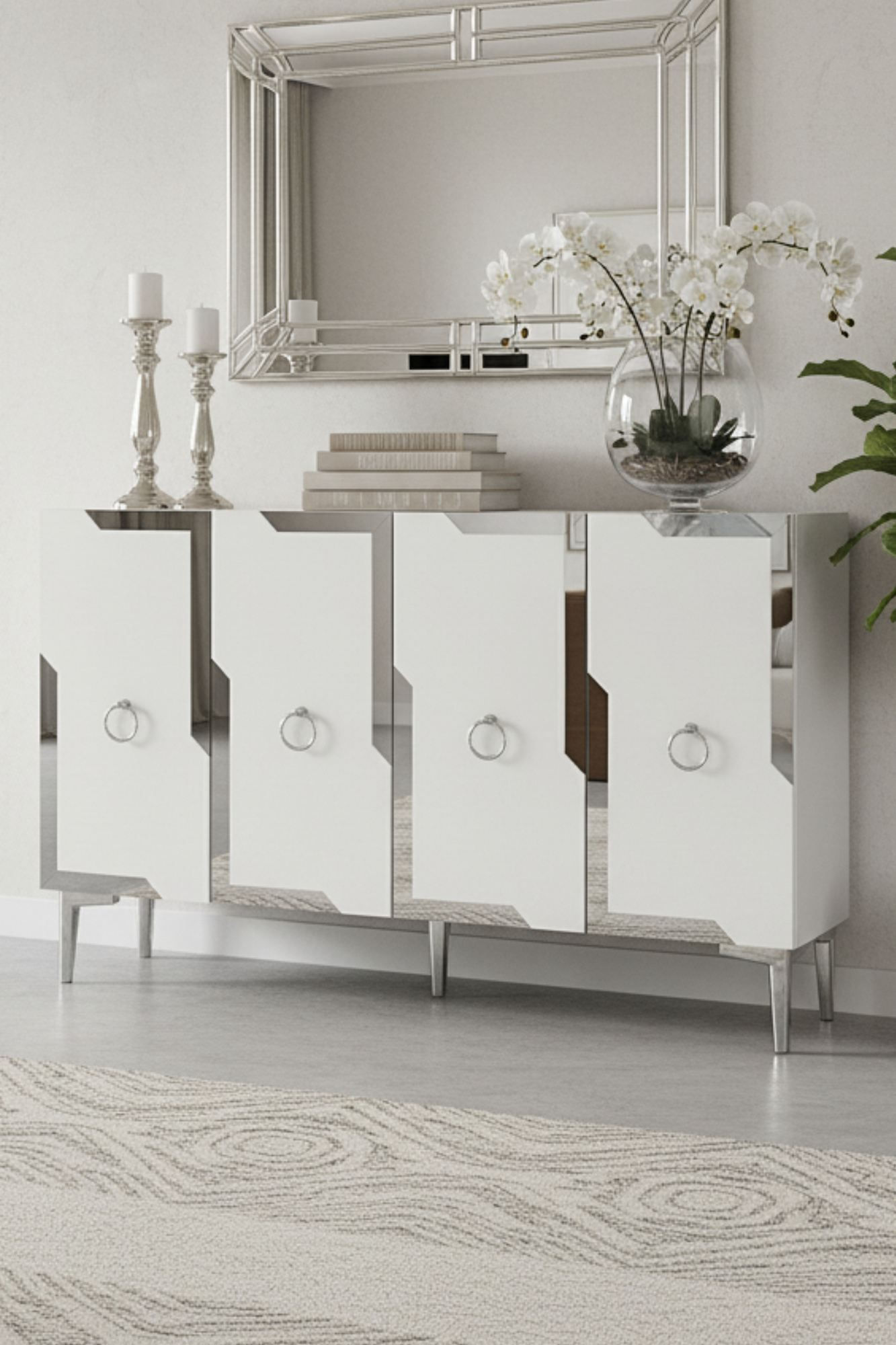 Consola Seza 120, 120 x 75 x 32 cm, alb argintiu, PAL melaminat, oglinda inclusa, alb / silver — imaginea 7