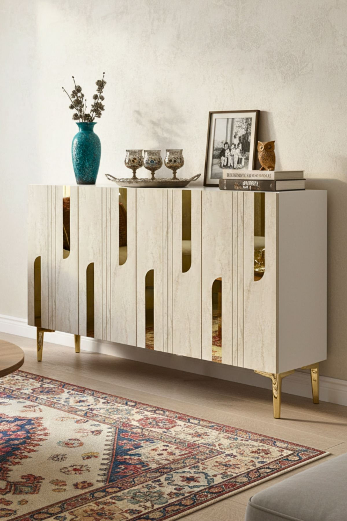 Consola Nota 120, 120 x 75 x 32 cm, alb travertin auriu, PAL melaminat, oglinda inclusa, alb / travertin / gold — imaginea 3