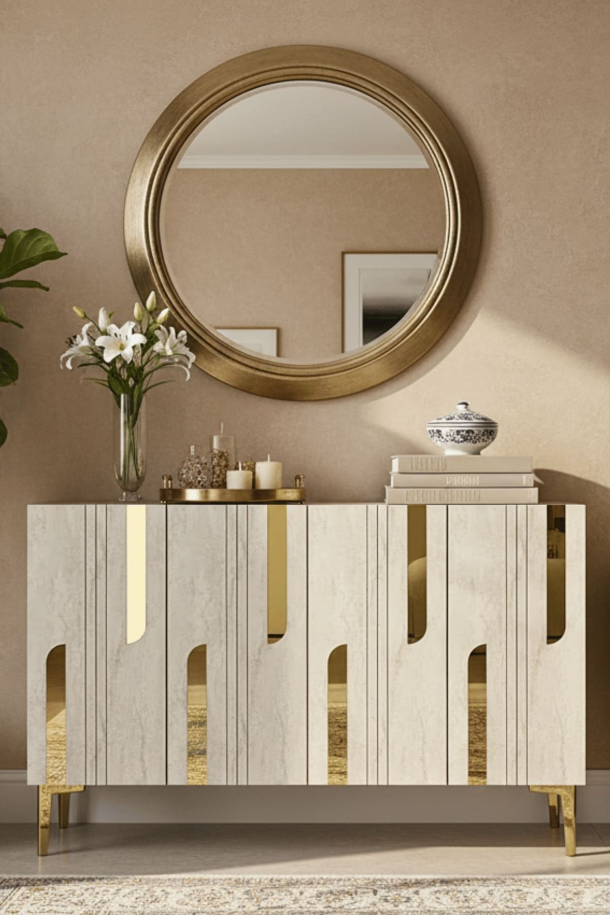 Consola Nota 120, 120 x 75 x 32 cm, alb travertin auriu, PAL melaminat, oglinda inclusa, alb / travertin / gold — imaginea 6