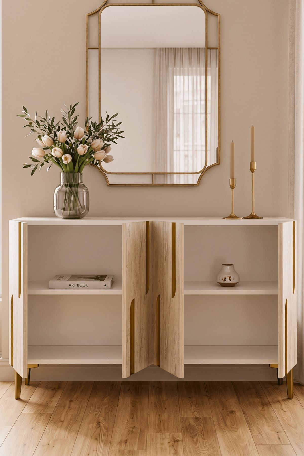Consola Nota 120, 120 x 75 x 32 cm, alb travertin auriu, PAL melaminat, oglinda inclusa, alb / travertin / gold — imaginea 7