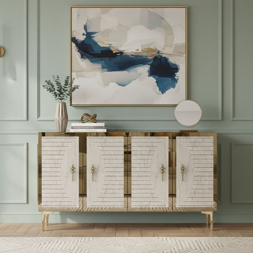 Consola Tuna 120, 120 x 75 x 32 cm, alb travertin auriu, PAL melaminat, spatiu de depozitare, fixare pe perete, alb / travertin / gold
