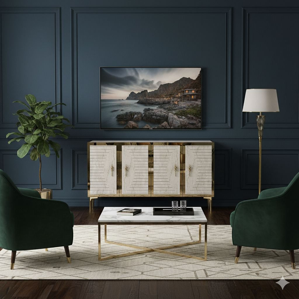 Consola Tuna 120, 120 x 75 x 32 cm, alb travertin auriu, PAL melaminat, spatiu de depozitare, fixare pe perete, alb / travertin / gold — imaginea 2
