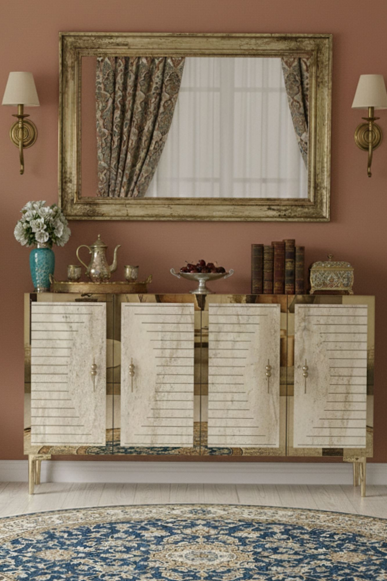 Consola Tuna 120, 120 x 75 x 32 cm, alb travertin auriu, PAL melaminat, spatiu de depozitare, fixare pe perete, alb / travertin / gold — imaginea 4