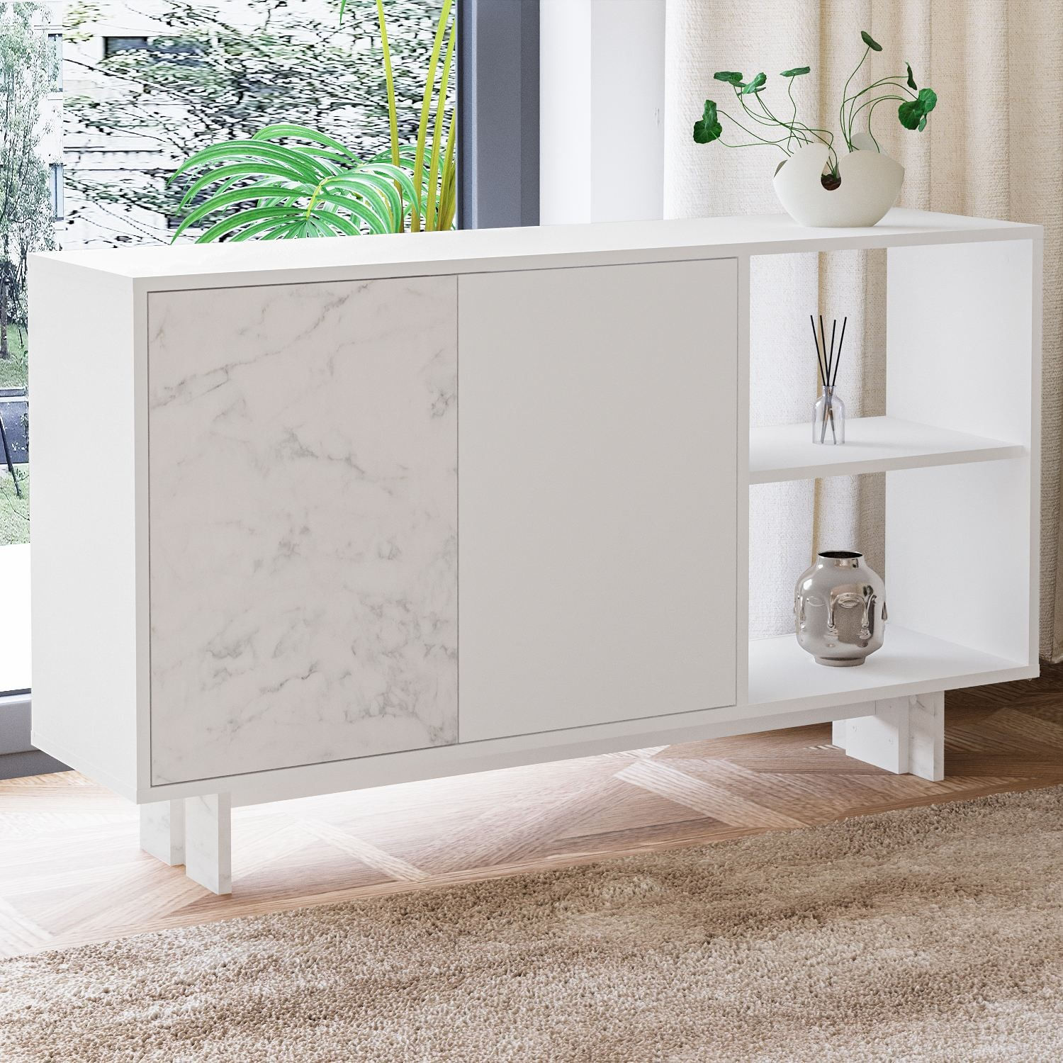 Consola Ravello, 140 x 80 x 35 cm, alb marmura, PAL melaminat, spatiu de depozitare, fixare pe perete, alb / marble — imaginea 3