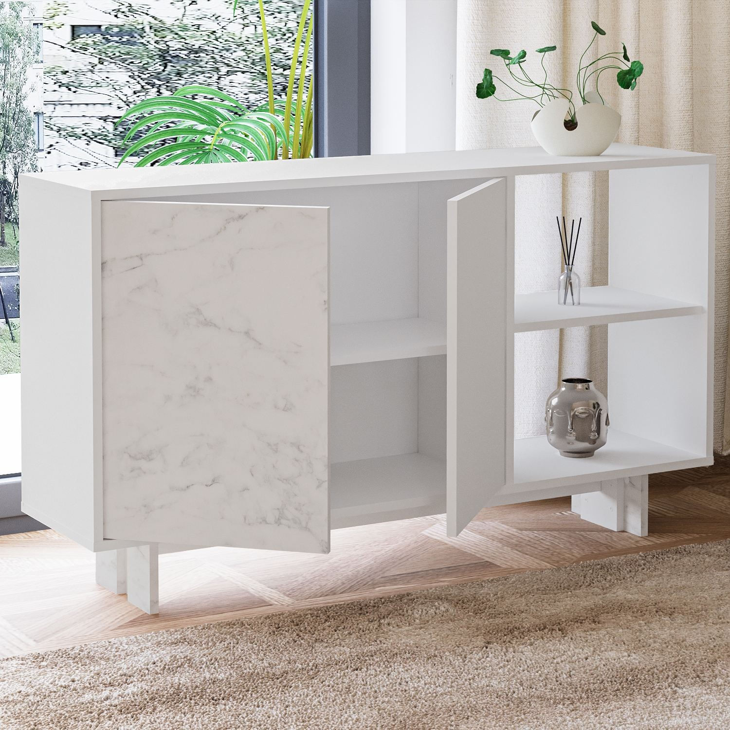 Consola Ravello, 140 x 80 x 35 cm, alb marmura, PAL melaminat, spatiu de depozitare, fixare pe perete, alb / marble — imaginea 4