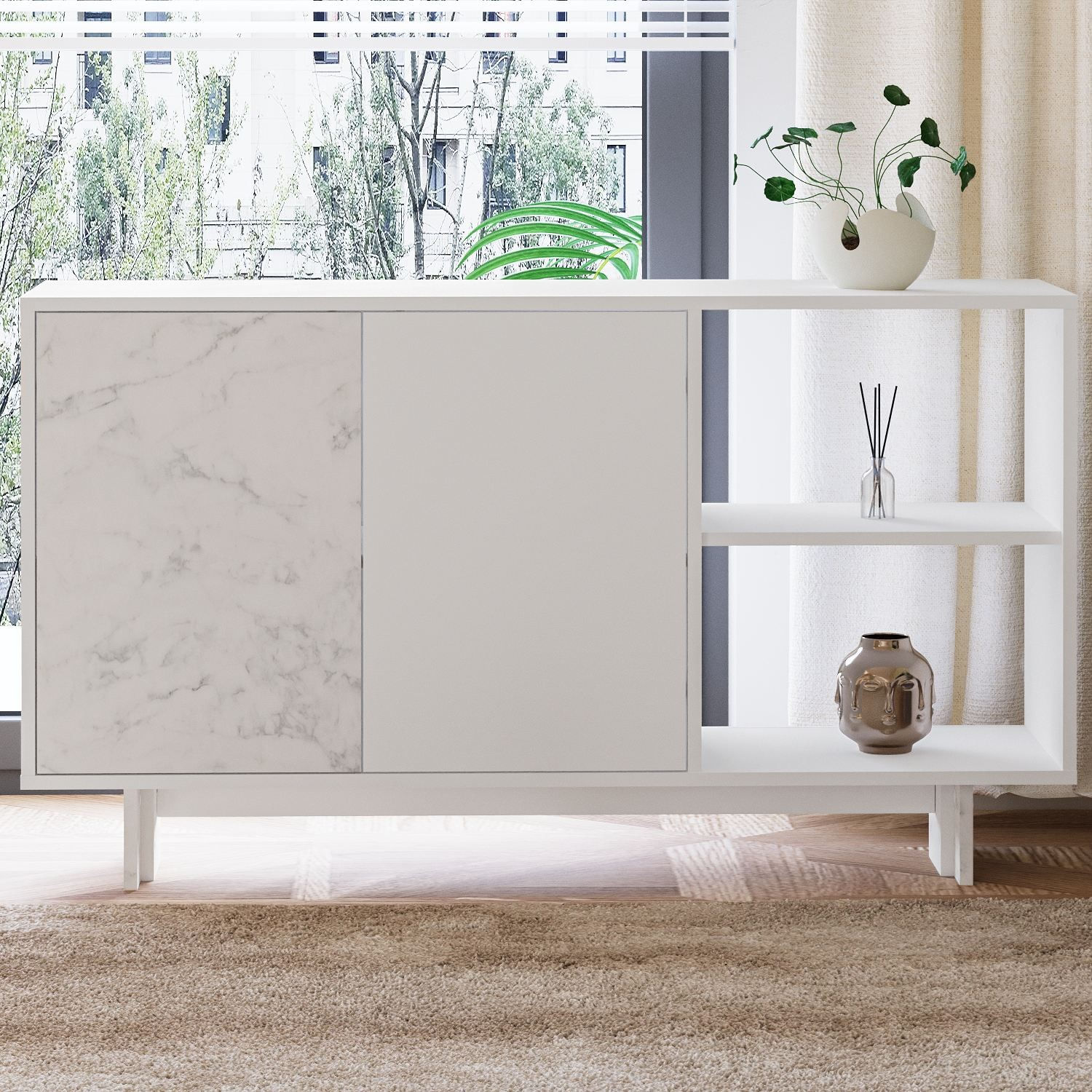 Consola Ravello, 140 x 80 x 35 cm, alb marmura, PAL melaminat, spatiu de depozitare, fixare pe perete, alb / marble — imaginea 5
