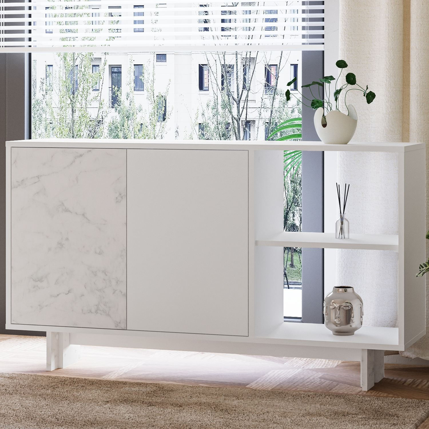 Consola Ravello, 140 x 80 x 35 cm, alb marmura, PAL melaminat, spatiu de depozitare, fixare pe perete, alb / marble — imaginea 6