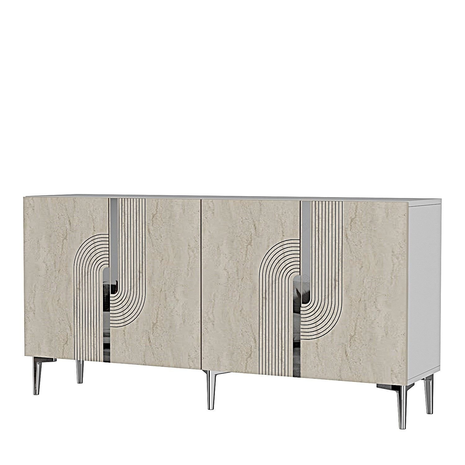 Consola Meyra 150, 150 x 75 x 32 cm, alb travertin argintiu, PAL melaminat, spatiu de depozitare, fixare pe perete, alb / travertin / silver — imaginea 2
