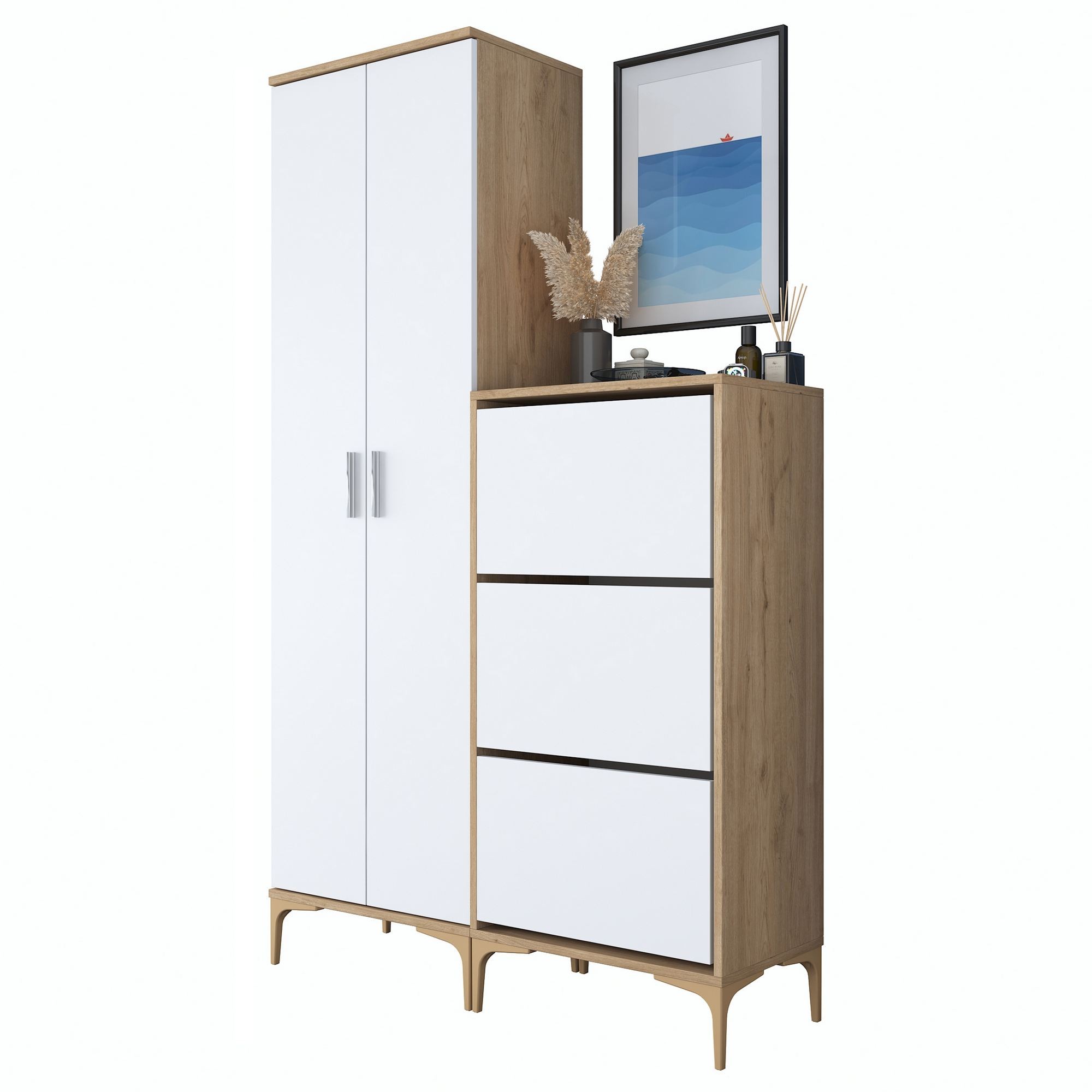 Cuier hol EA137, 120 x 198,6 x 37,5 cm, nuc alb, PAL, spatiu de depozitare, fixare pe perete — imaginea 2