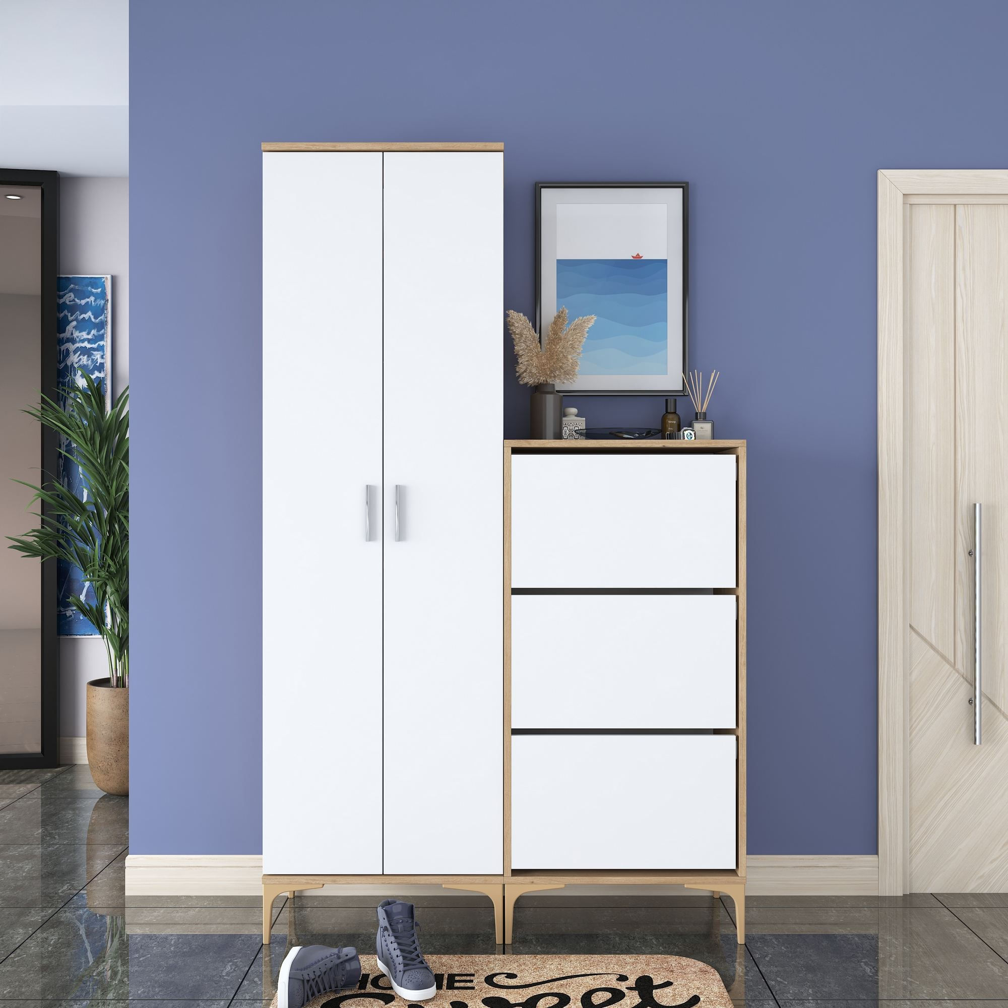 Cuier hol EA137, 120 x 198,6 x 37,5 cm, nuc alb, PAL, spatiu de depozitare, fixare pe perete — imaginea 4