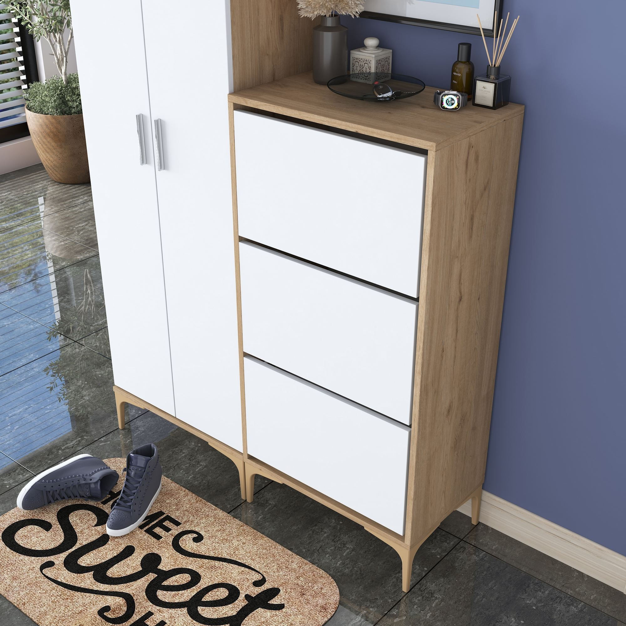 Cuier hol EA137, 120 x 198,6 x 37,5 cm, nuc alb, PAL, spatiu de depozitare, fixare pe perete — imaginea 6
