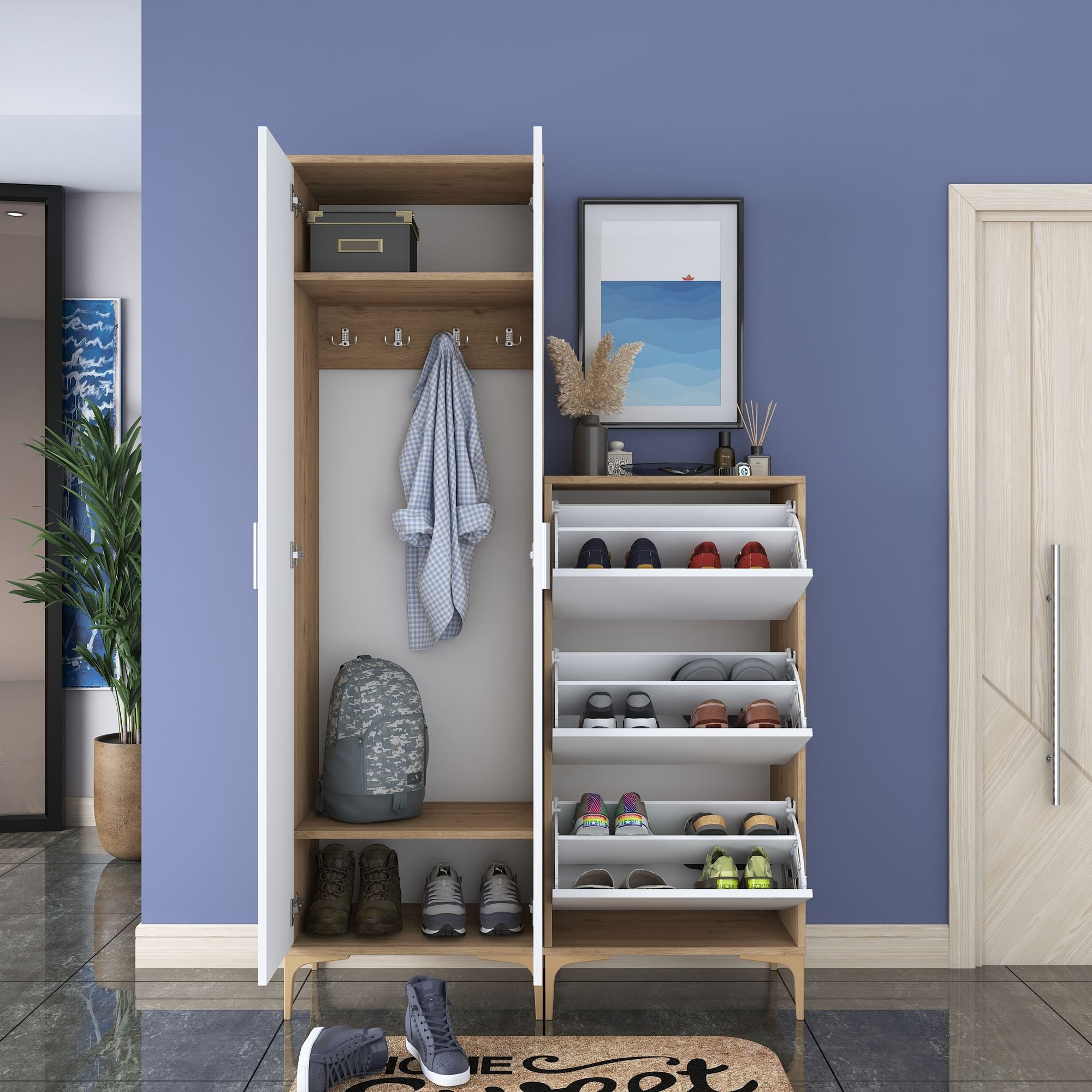 Cuier hol EA137, 120 x 198,6 x 37,5 cm, nuc alb, PAL, spatiu de depozitare, fixare pe perete — imaginea 7