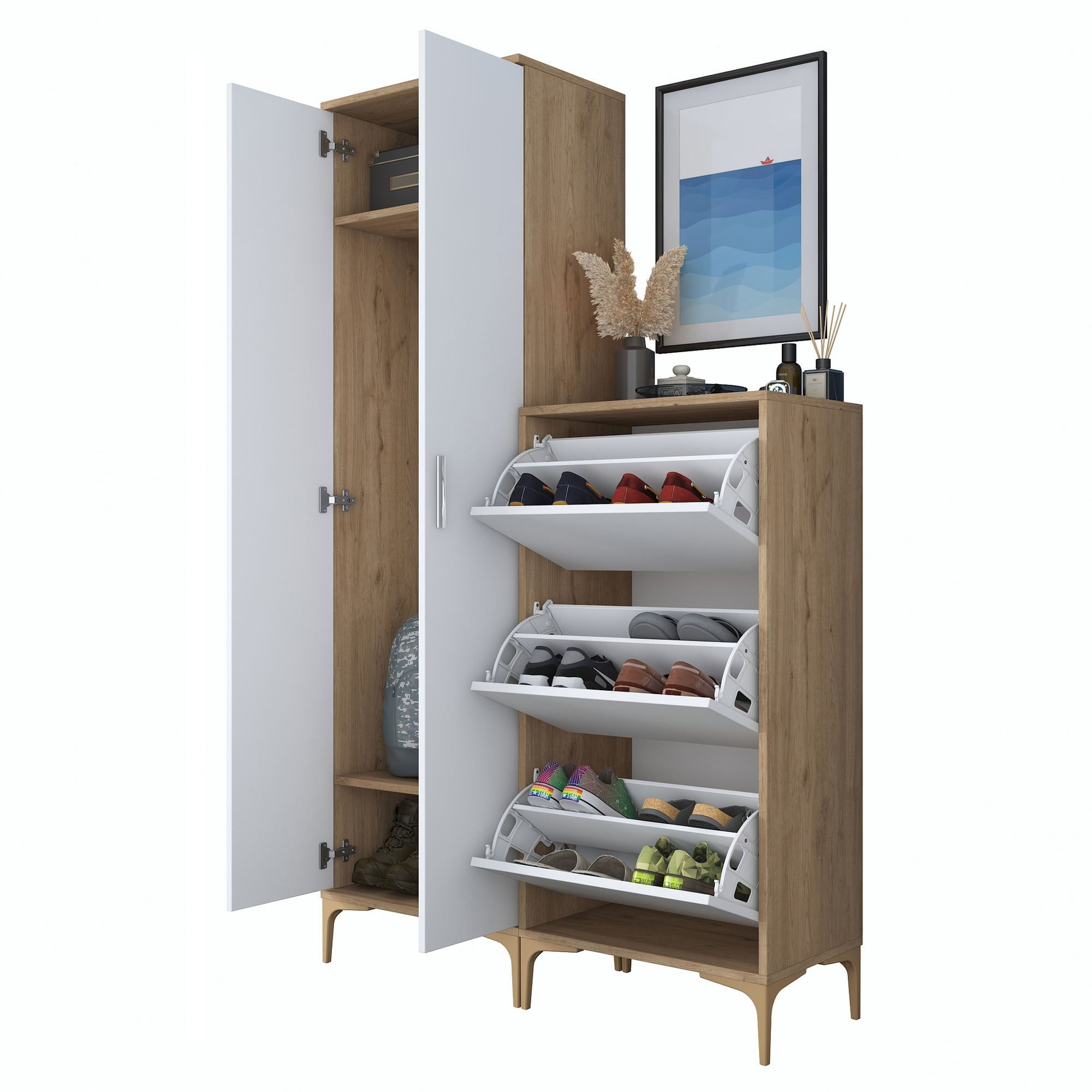 Cuier hol EA137, 120 x 198,6 x 37,5 cm, nuc alb, PAL, spatiu de depozitare, fixare pe perete — imaginea 8