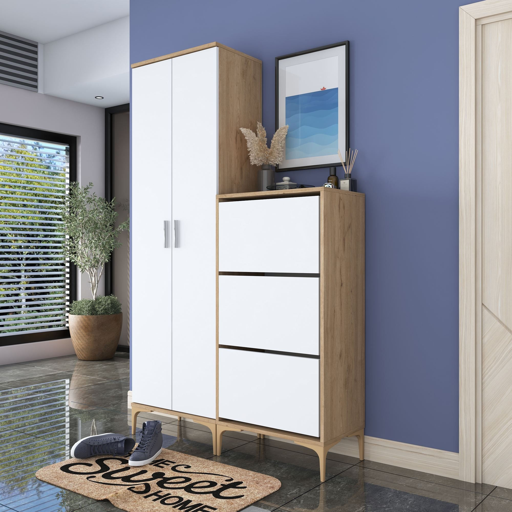 Cuier hol EA137, 120 x 198,6 x 37,5 cm, nuc alb, PAL, spatiu de depozitare, fixare pe perete — imaginea 10