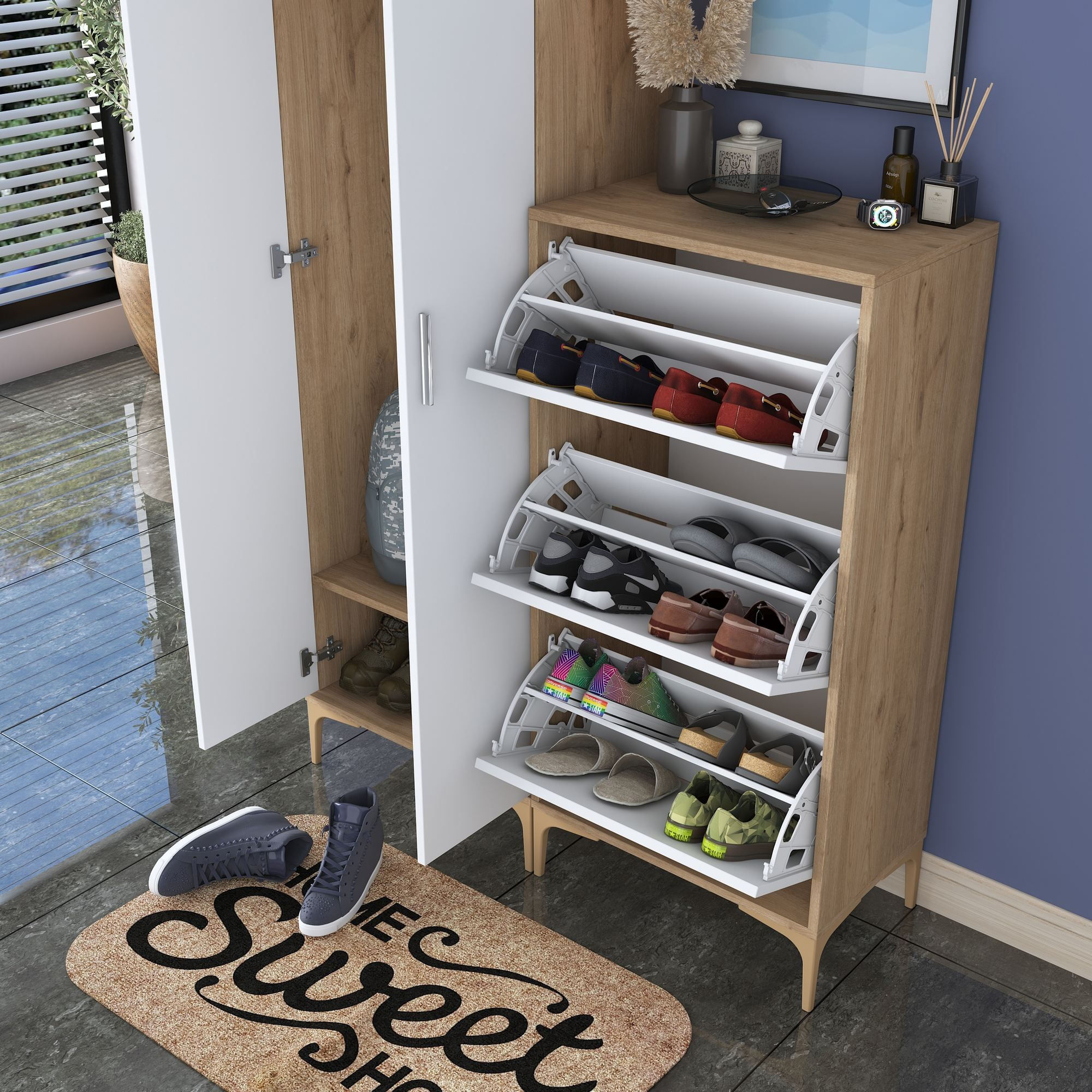 Cuier hol EA137, 120 x 198,6 x 37,5 cm, nuc alb, PAL, spatiu de depozitare, fixare pe perete — imaginea 11