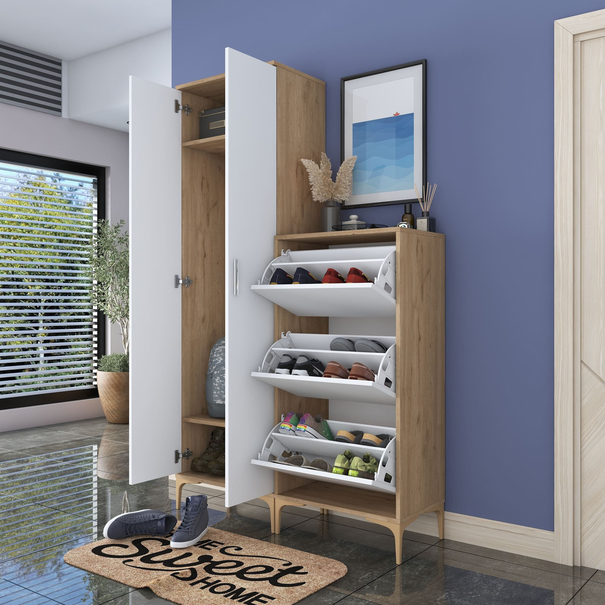 Cuier hol EA137, 120 x 198,6 x 37,5 cm, nuc alb, PAL, spatiu de depozitare, fixare pe perete — imaginea 12