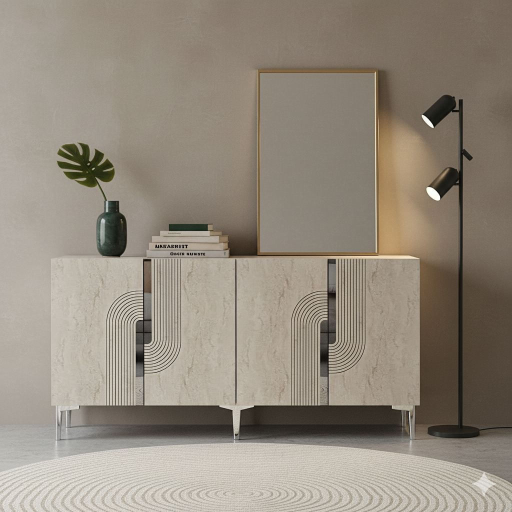 Consola Meyra 150, 150 x 75 x 32 cm, alb travertin argintiu, PAL melaminat, spatiu de depozitare, fixare pe perete, alb / travertin / silver — imaginea 5