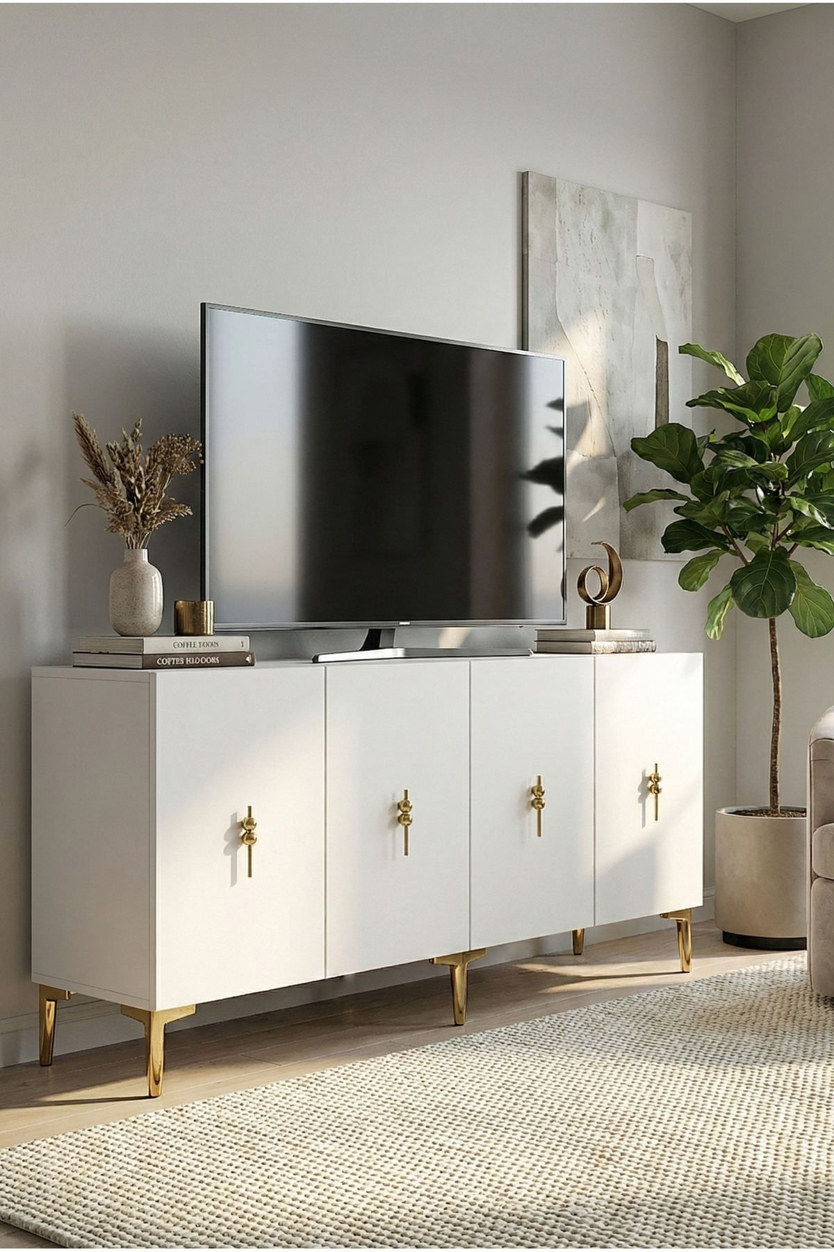 Consola Salkım 150, 150 x 75 x 32 cm, alb auriu, PAL melaminat, alb / gold — imaginea 4