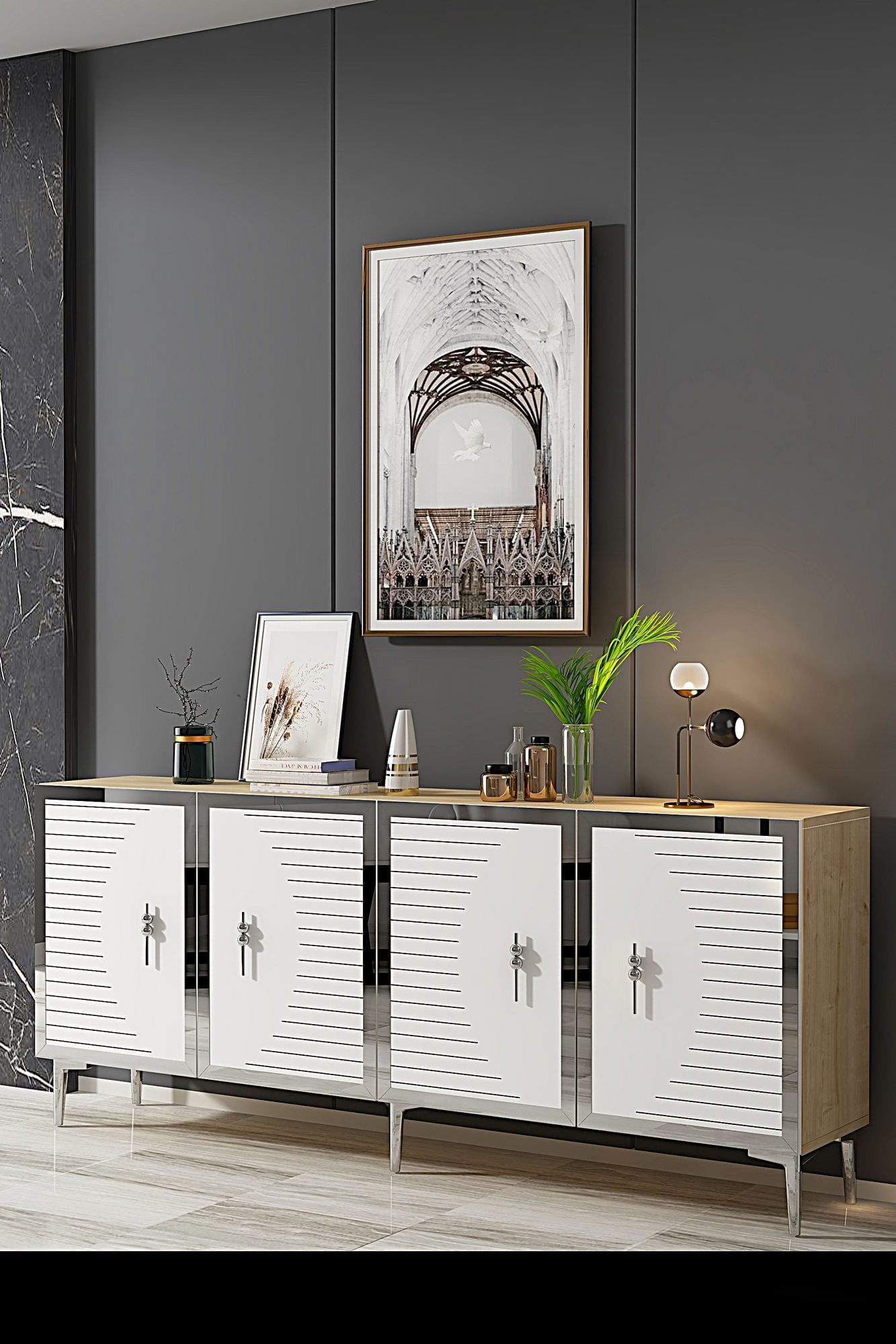 Consola Tuna 180, 180 x 75 x 32 cm, stejar safir alb argintiu, PAL melaminat, spatiu de depozitare, fixare pe perete, safir stejar / alb / silver — imaginea 4