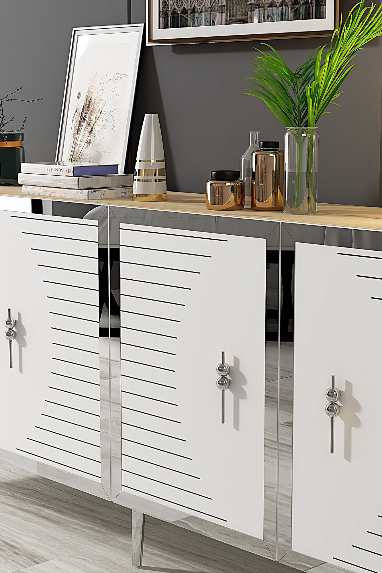 Consola Tuna 180, 180 x 75 x 32 cm, stejar safir alb argintiu, PAL melaminat, spatiu de depozitare, fixare pe perete, safir stejar / alb / silver — imaginea 5