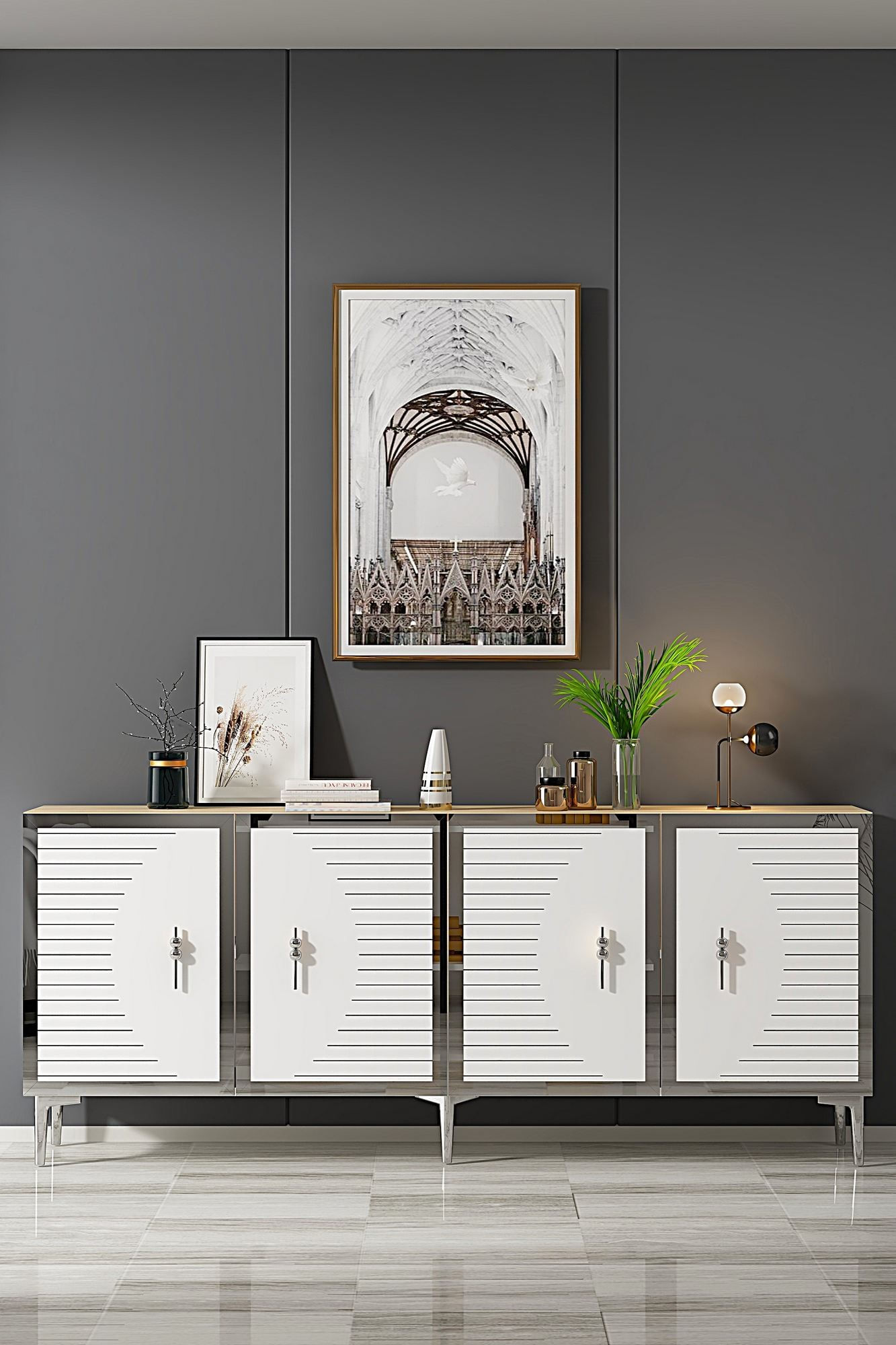 Consola Tuna 180, 180 x 75 x 32 cm, stejar safir alb argintiu, PAL melaminat, spatiu de depozitare, fixare pe perete, safir stejar / alb / silver — imaginea 6