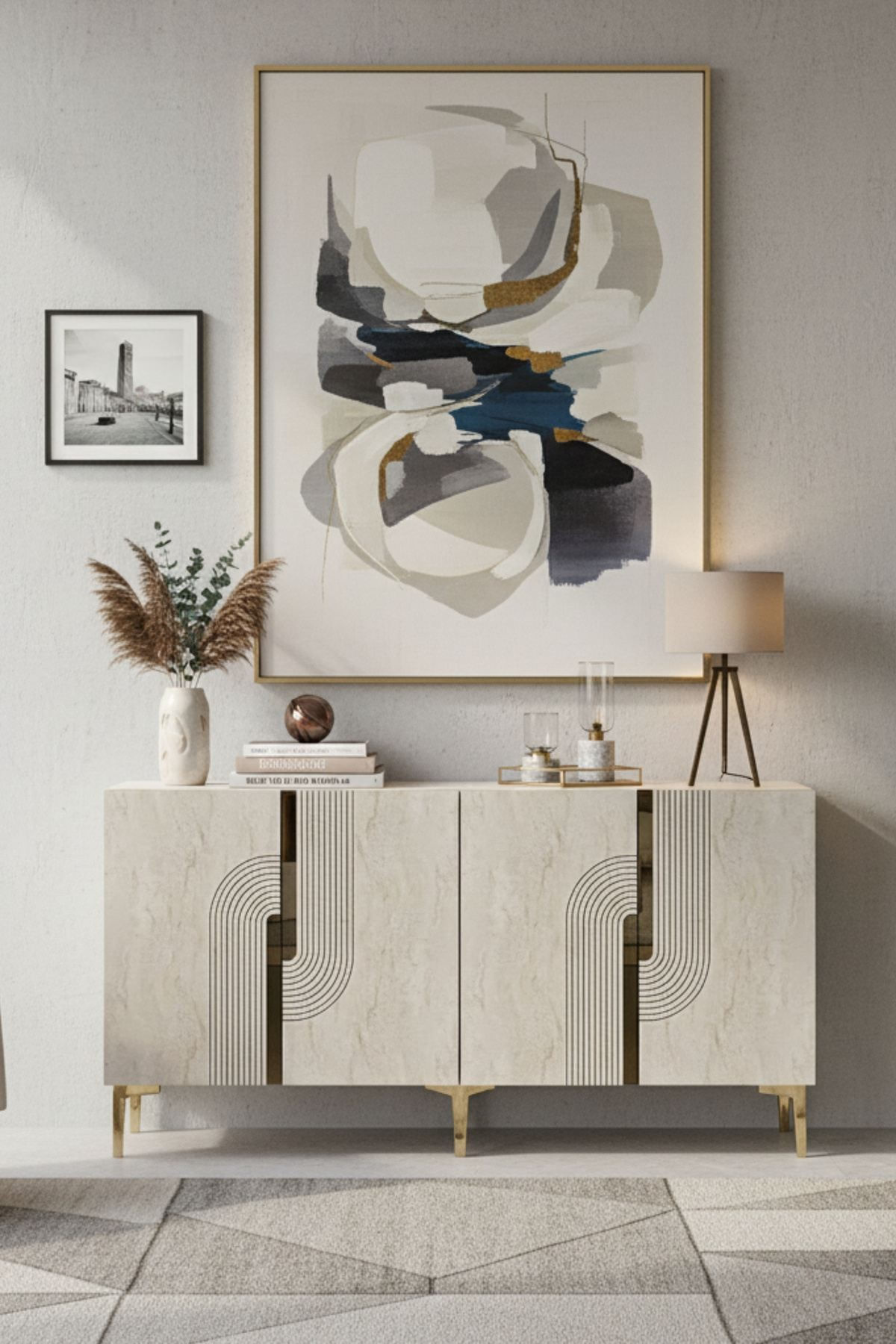 Consola Meyra 180, 180 x 75 x 32 cm, alb travertin auriu, PAL melaminat, oglinda inclusa, alb / travertin / gold — imaginea 5