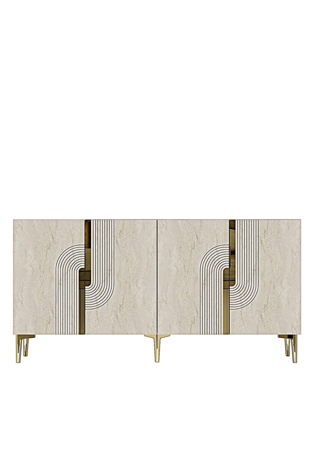 Consola Meyra 180, 180 x 75 x 32 cm, alb travertin auriu, PAL melaminat, oglinda inclusa, alb / travertin / gold — imaginea 6