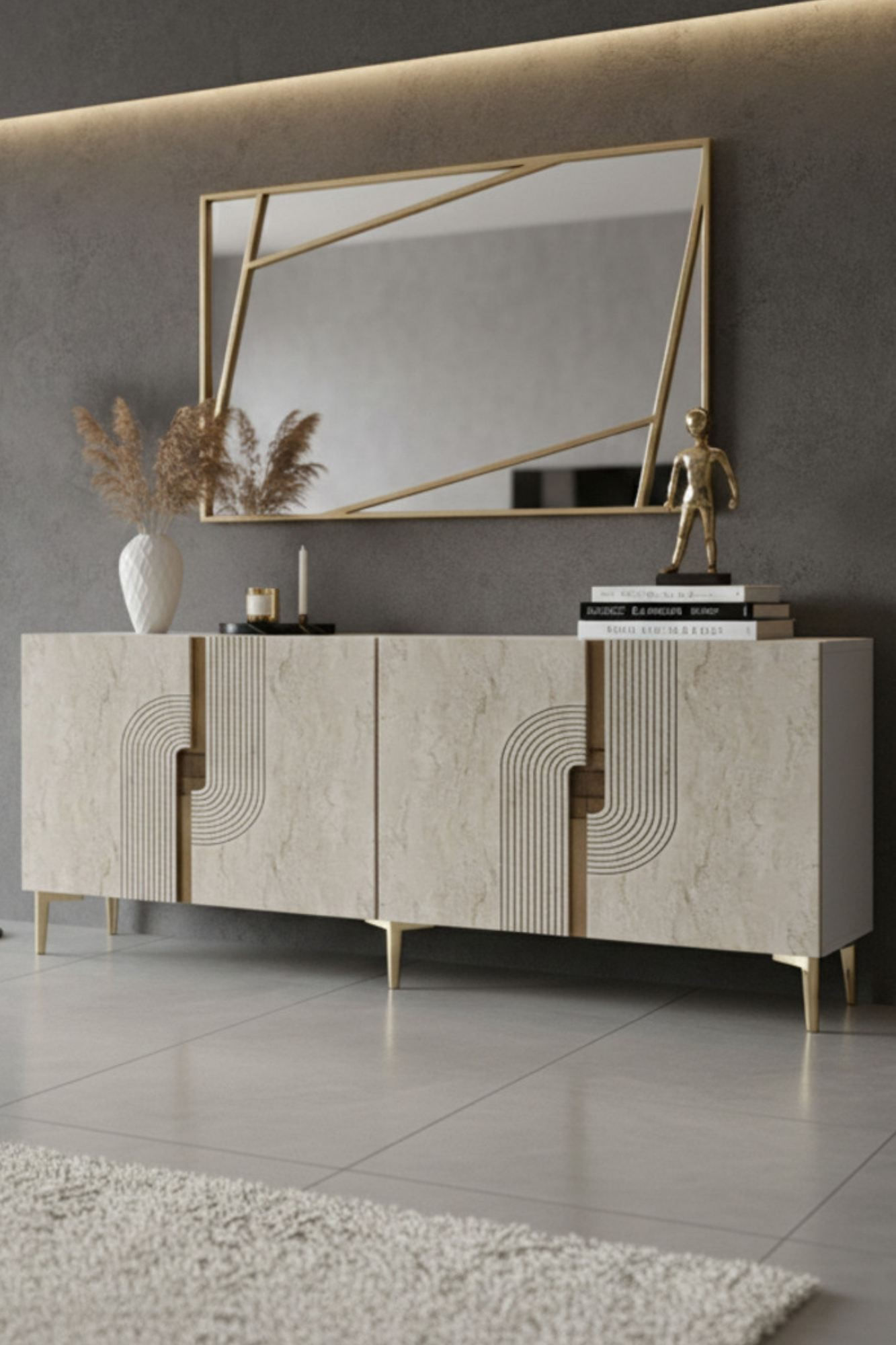 Consola Meyra 180, 180 x 75 x 32 cm, alb travertin auriu, PAL melaminat, oglinda inclusa, alb / travertin / gold — imaginea 7