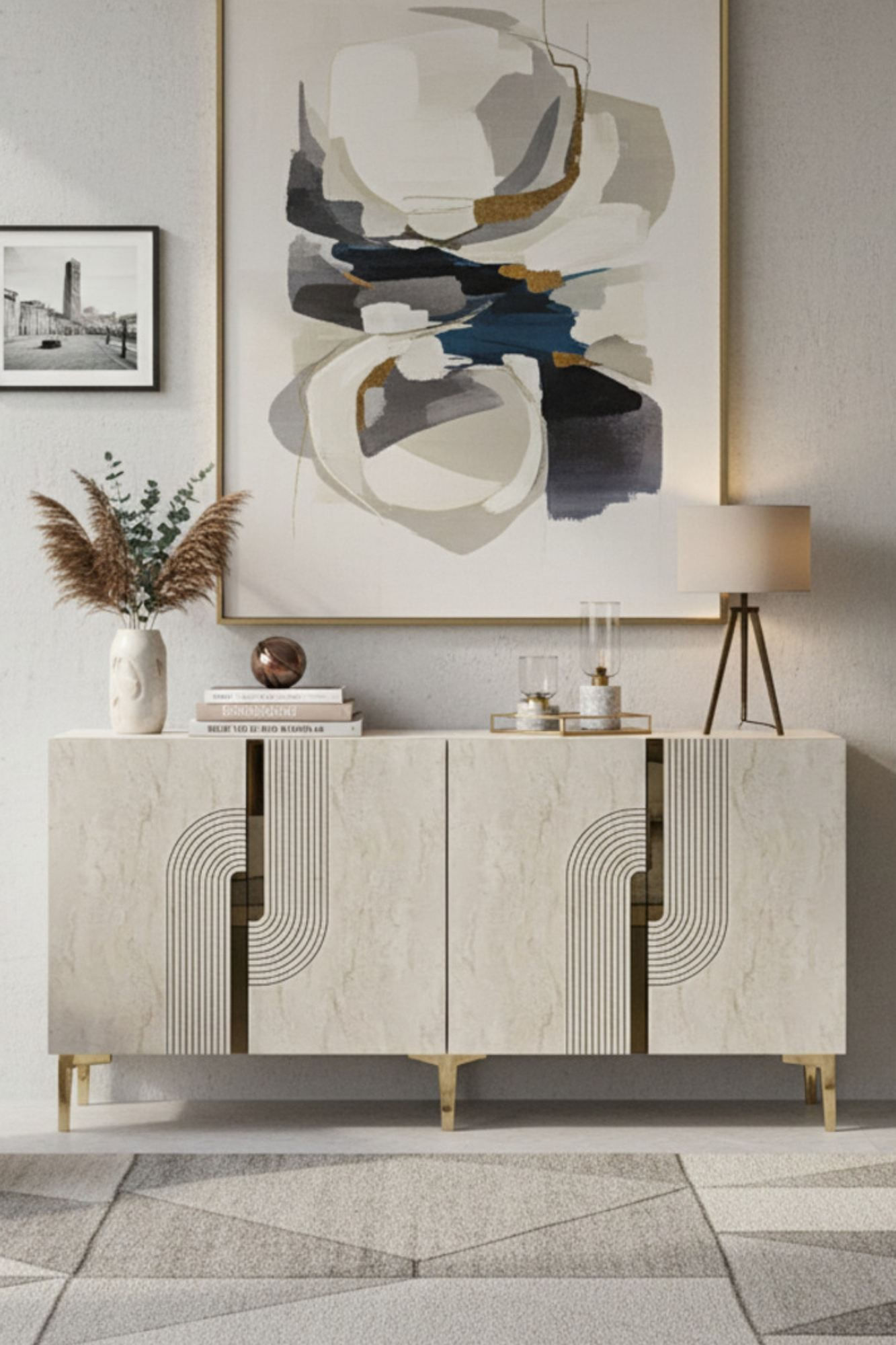 Consola Meyra 180, 180 x 75 x 32 cm, alb travertin auriu, PAL melaminat, oglinda inclusa, alb / travertin / gold — imaginea 8