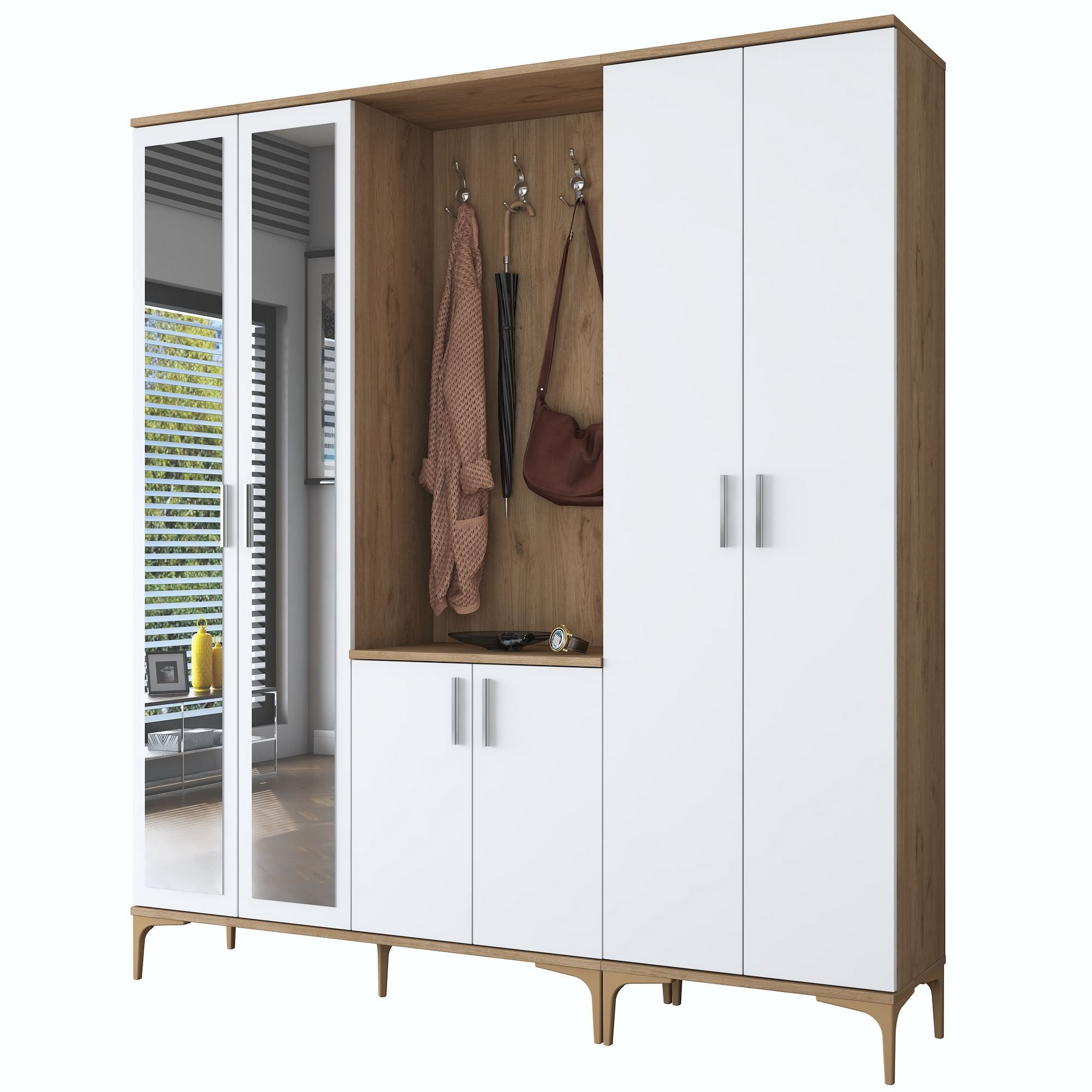 Cuier hol EA154, 180 x 198,6 x 37,5 cm, nuc alb, PAL, spatiu de depozitare, fixare pe perete — imaginea 2