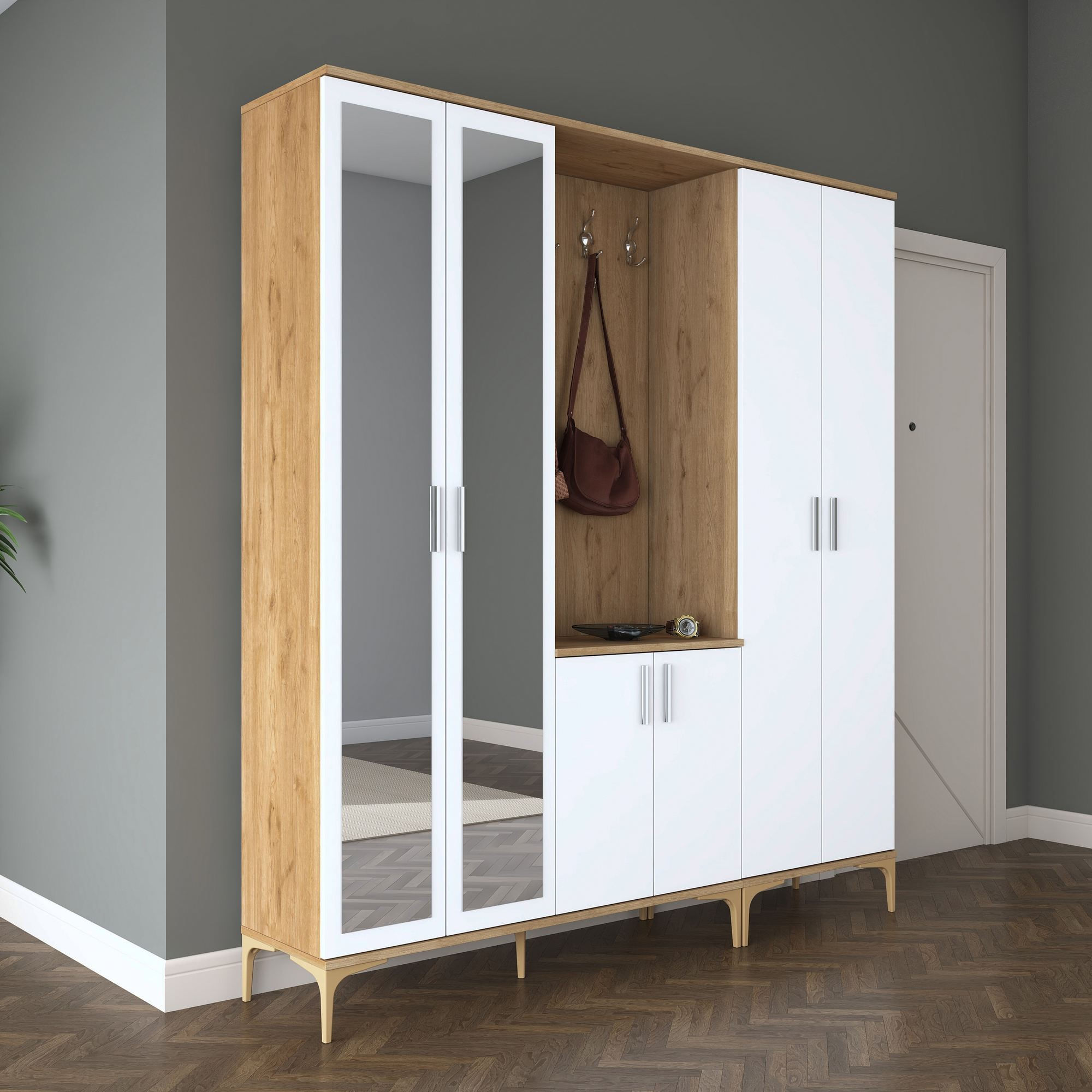 Cuier hol EA154, 180 x 198,6 x 37,5 cm, nuc alb, PAL, spatiu de depozitare, fixare pe perete — imaginea 3