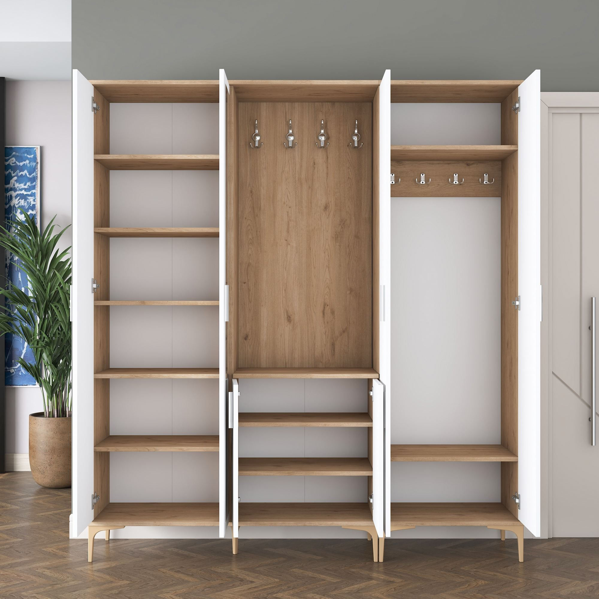 Cuier hol EA154, 180 x 198,6 x 37,5 cm, nuc alb, PAL, spatiu de depozitare, fixare pe perete — imaginea 8