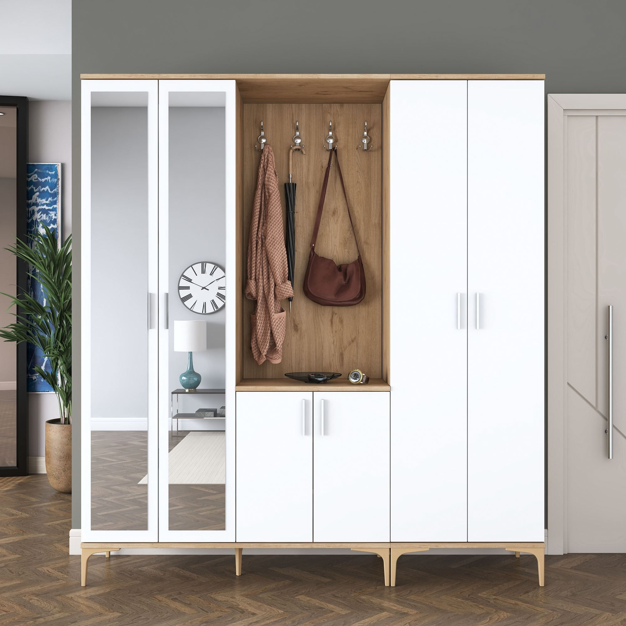 Cuier hol EA154, 180 x 198,6 x 37,5 cm, nuc alb, PAL, spatiu de depozitare, fixare pe perete — imaginea 9