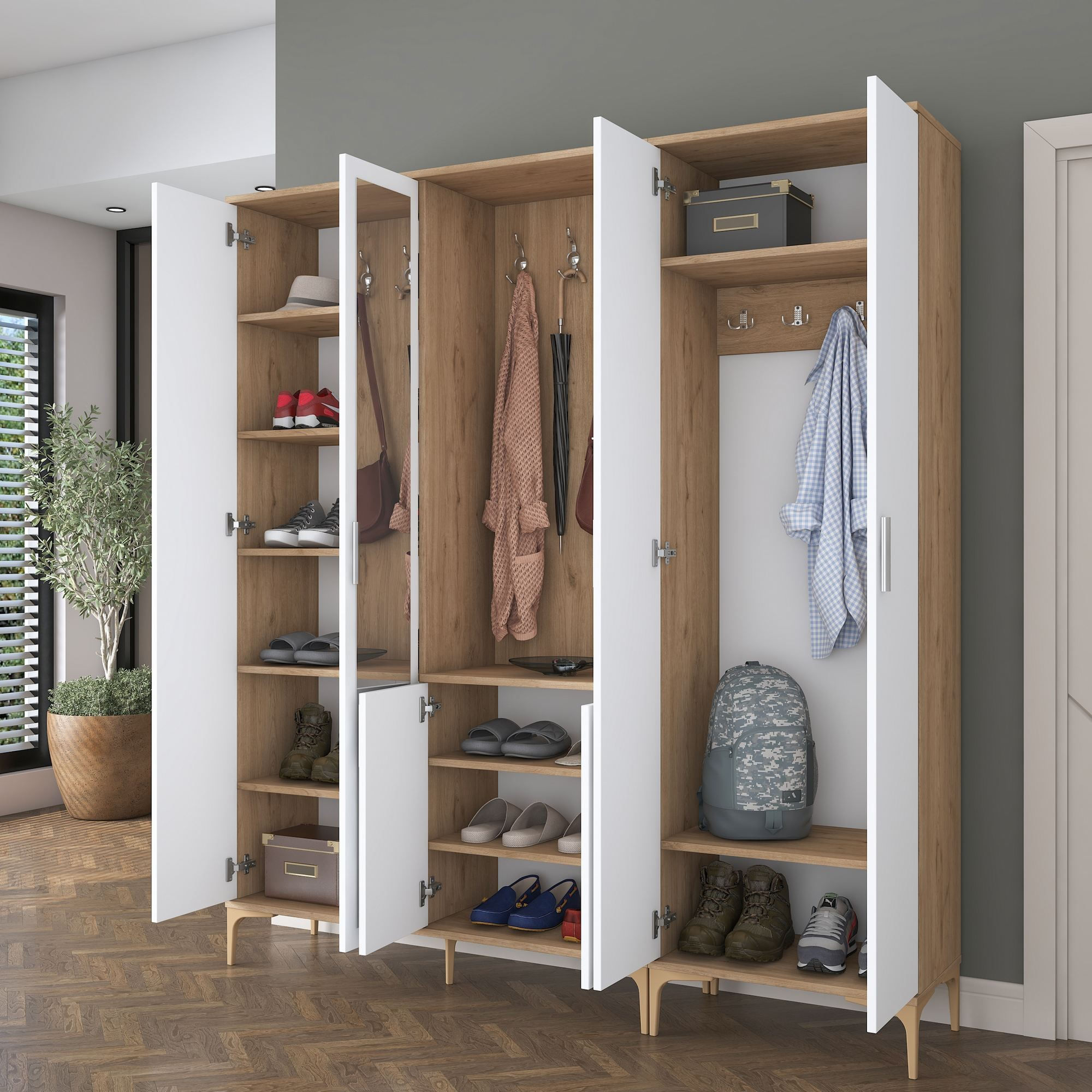 Cuier hol EA154, 180 x 198,6 x 37,5 cm, nuc alb, PAL, spatiu de depozitare, fixare pe perete — imaginea 10