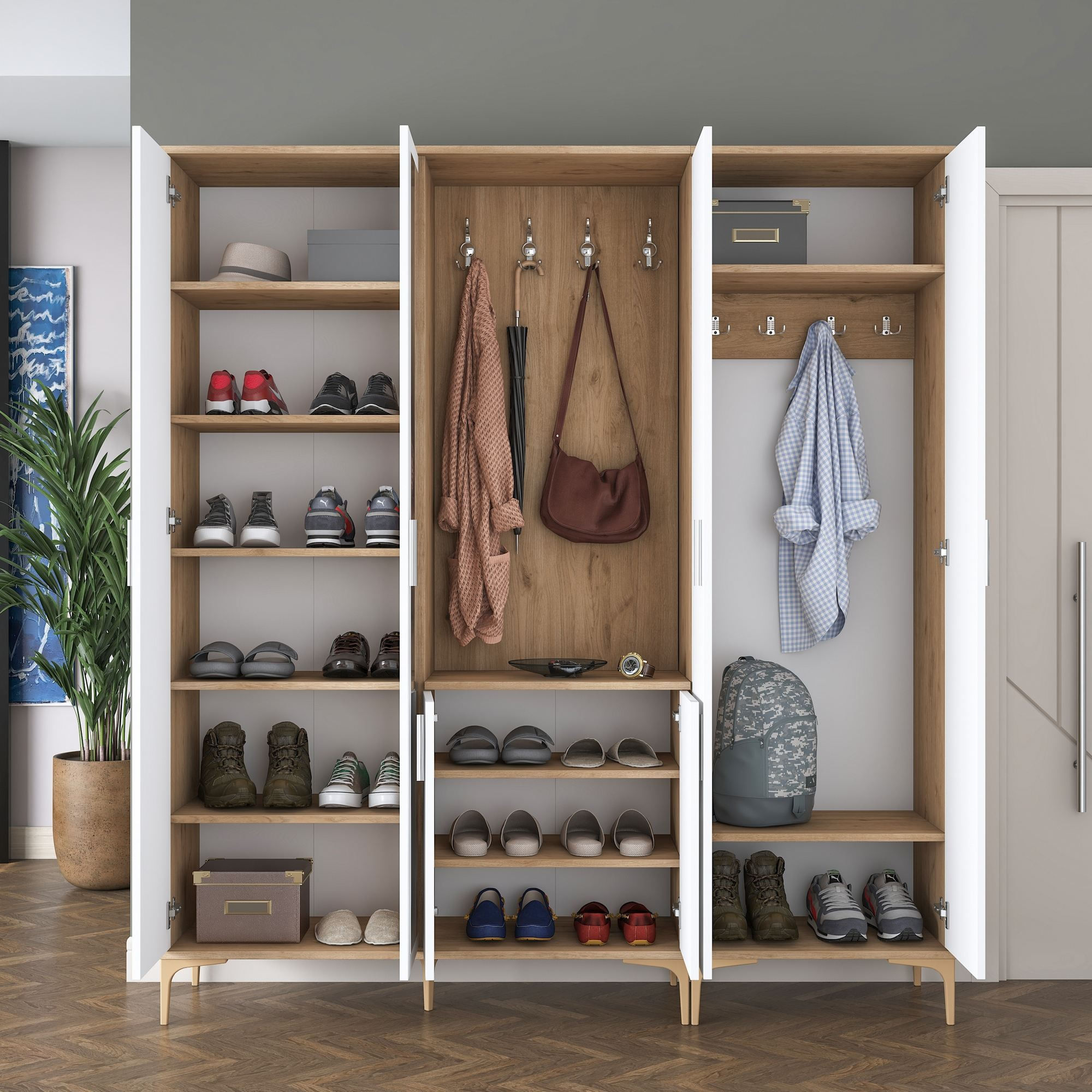 Cuier hol EA154, 180 x 198,6 x 37,5 cm, nuc alb, PAL, spatiu de depozitare, fixare pe perete — imaginea 12