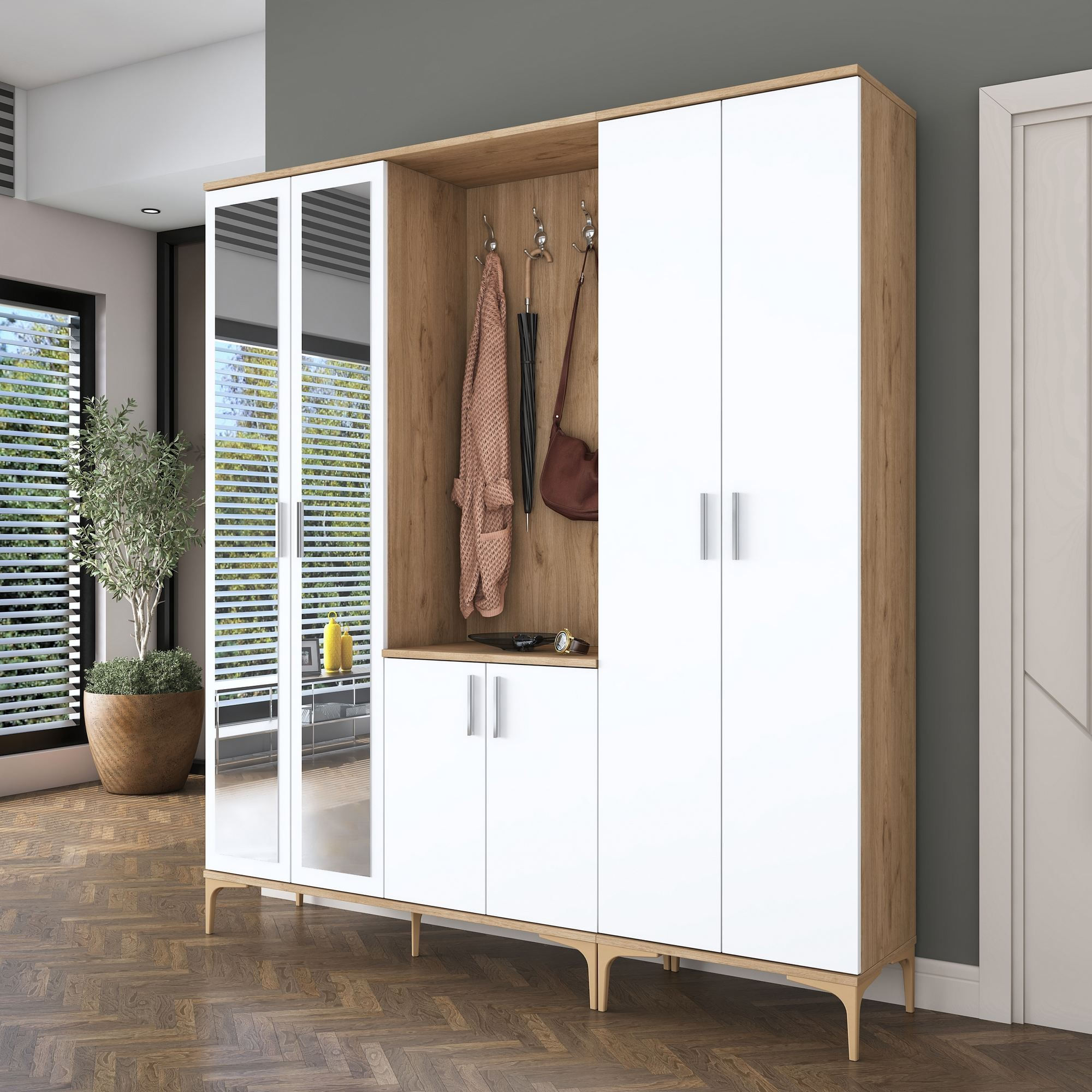Cuier hol EA154, 180 x 198,6 x 37,5 cm, nuc alb, PAL, spatiu de depozitare, fixare pe perete — imaginea 13