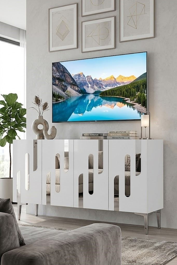 Consola Ece 120, 120 x 75 x 32 cm, alb argintiu, PAL melaminat, oglinda inclusa, alb / silver — imaginea 6