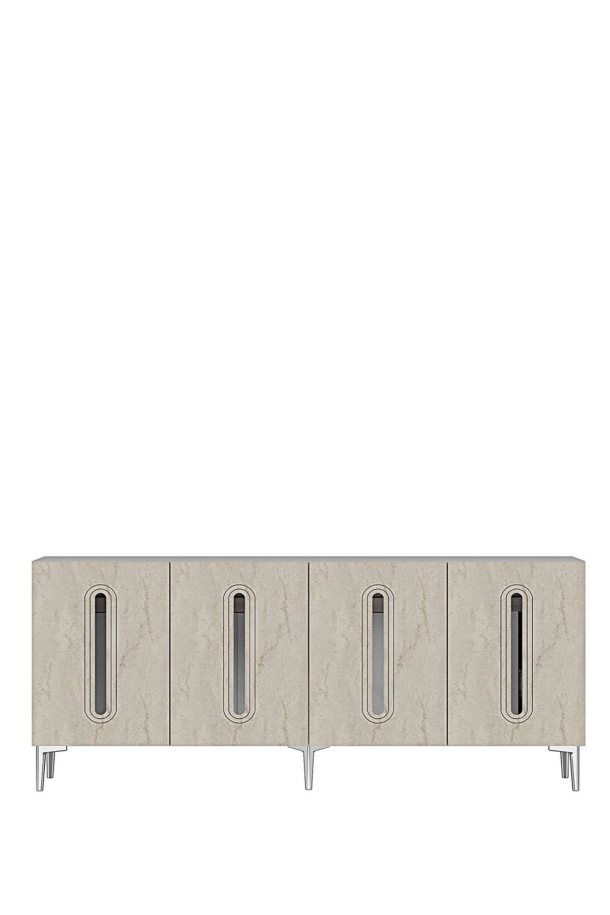 Consola Rany 180, 180 x 75 x 32 cm, alb travertin argintiu, PAL melaminat, oglinda inclusa, alb / travertin / silver — imaginea 2